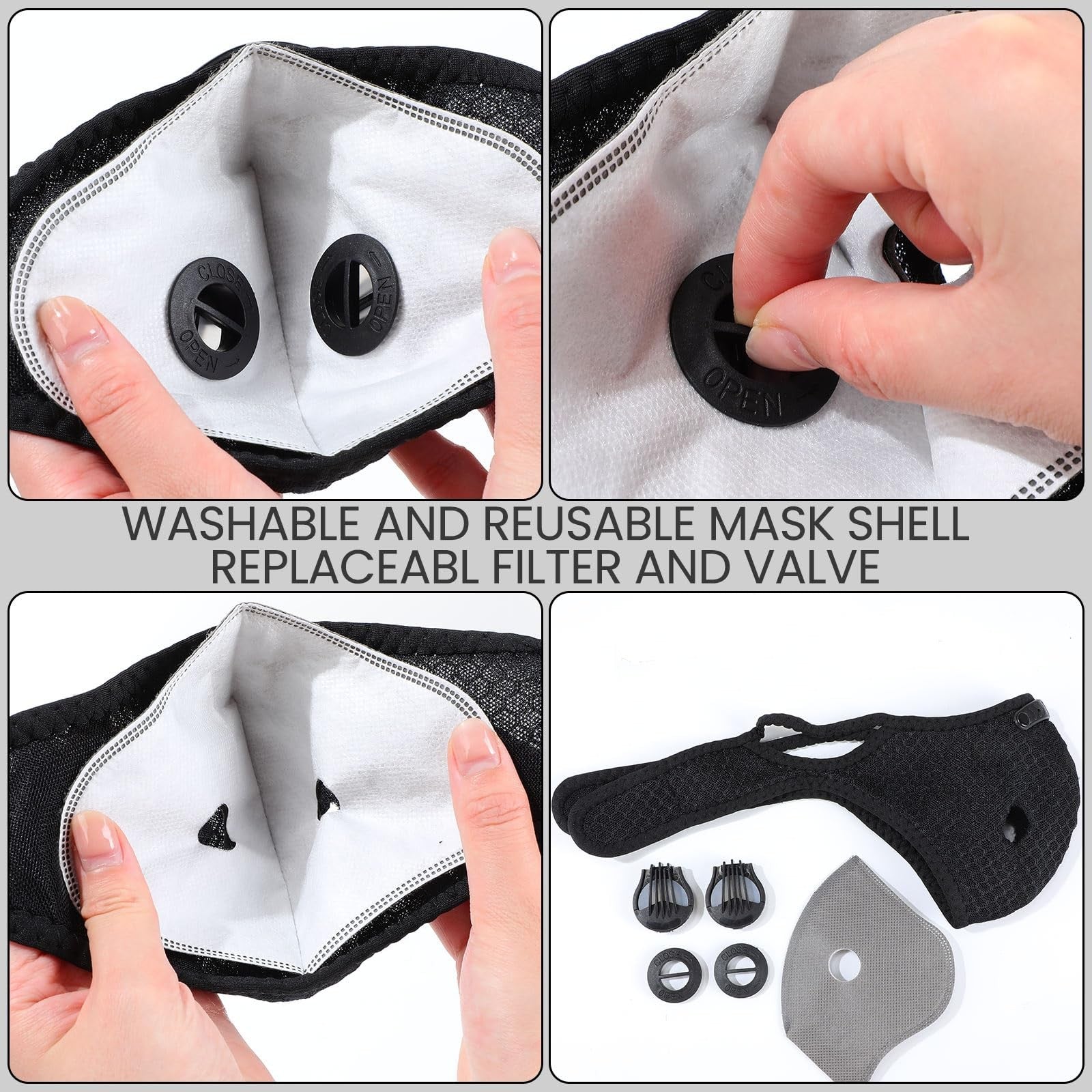 Threlaco 8-piece reusable dust mask set with breathable fabric and activated carbon filters, designed for respiratory protection.