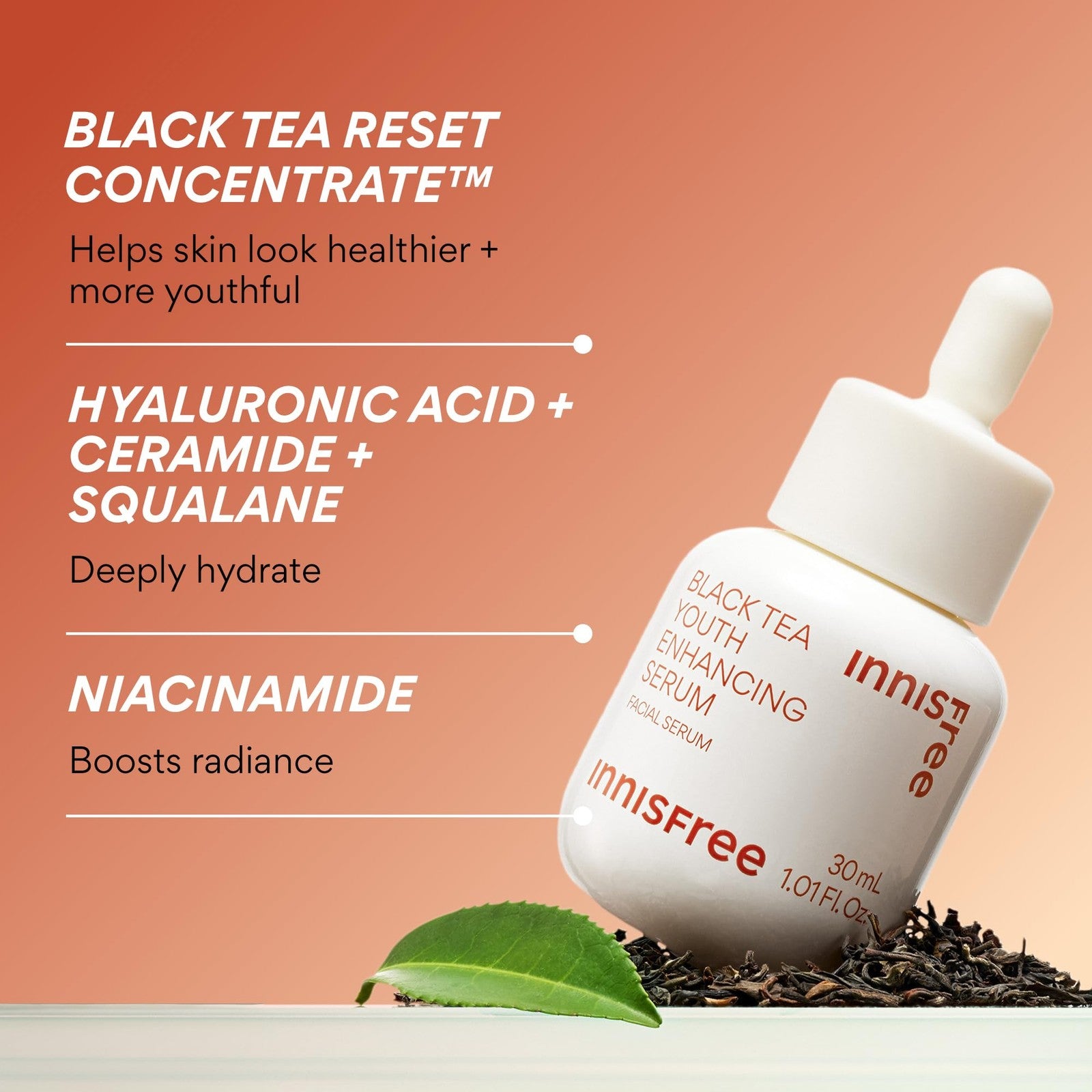 Innisfree Black Tea Youth Serum bottle with black and gold packaging, featuring Korean anti-aging skincare with Niacinamide.
