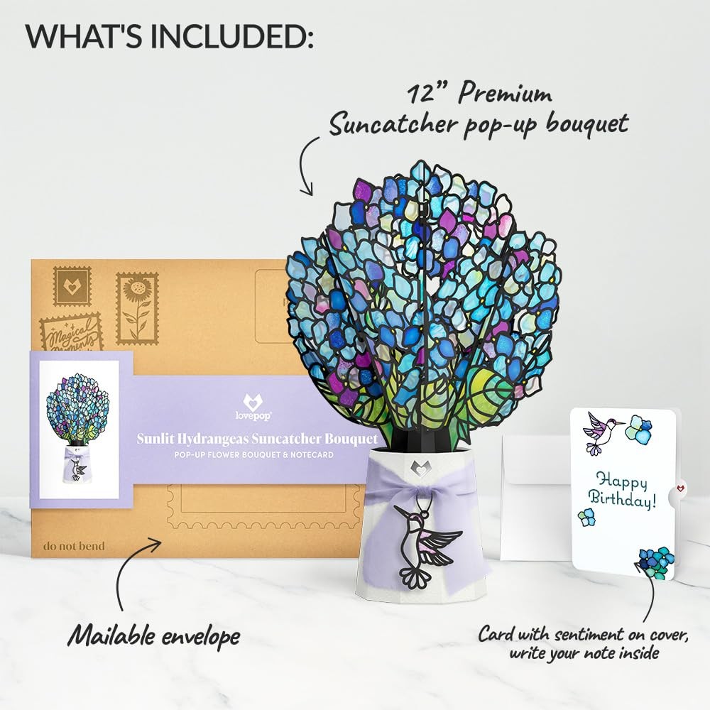 Lovepop birthday suncatcher bouquet featuring sunlit hydrangeas and birthday sentiment in intricate paper craft design.
