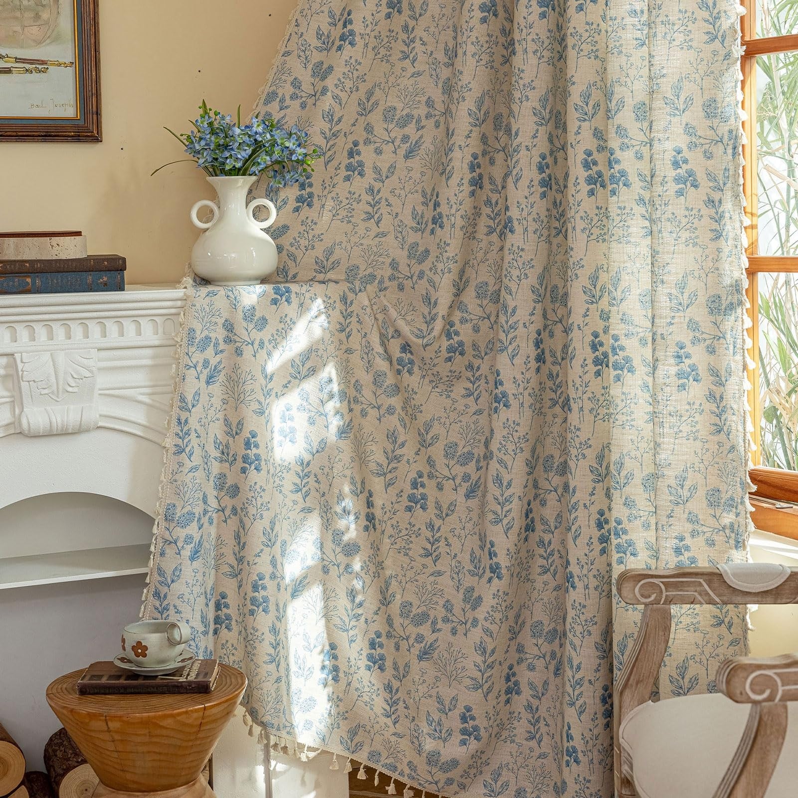 OYX blue floral boho curtains with light filtering fabric, 84-inch long, set of 2 panels for living room window decor.