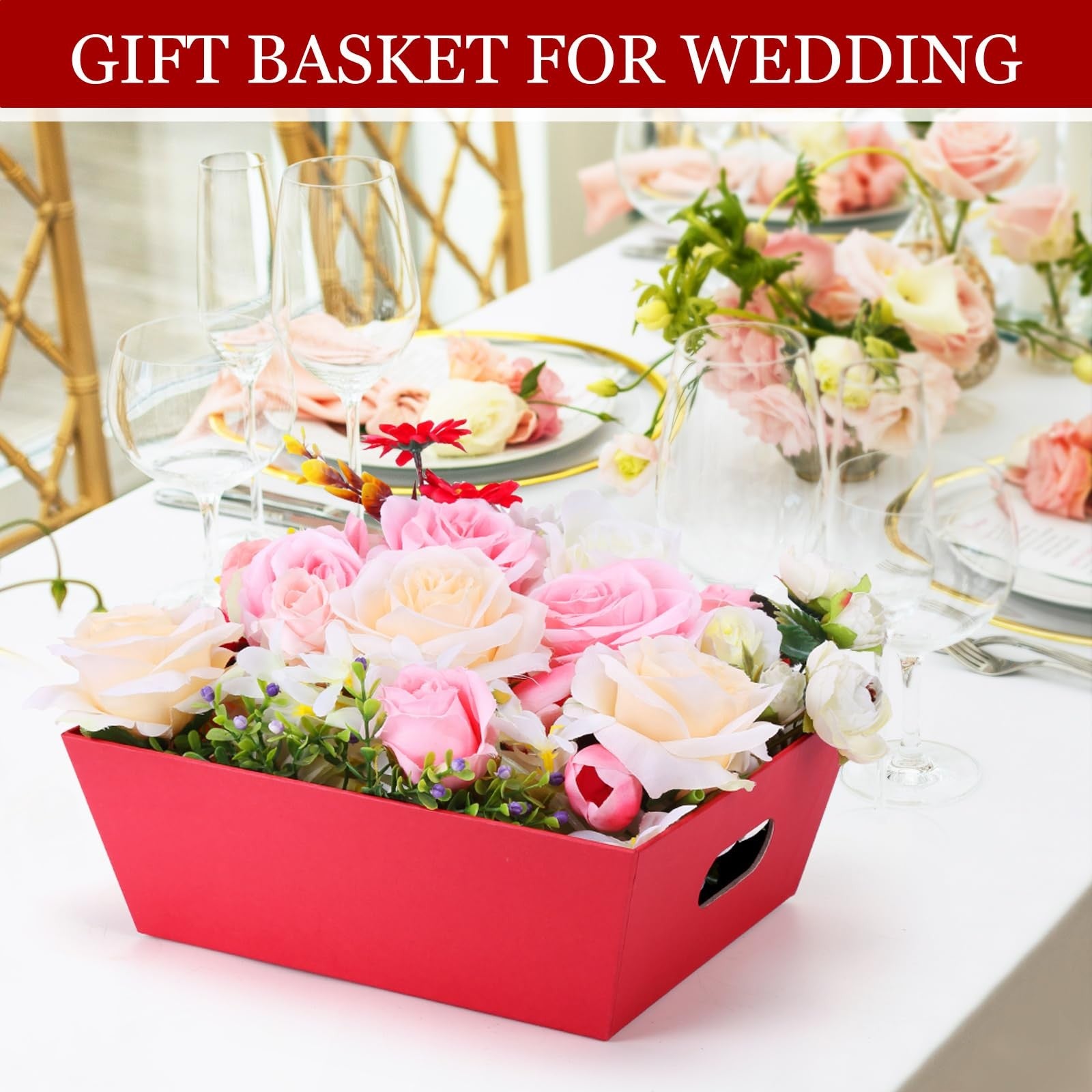 Six red gift baskets with bows, 10x12 inches, made of thick material, empty for gift presentation by AFOROEOA.