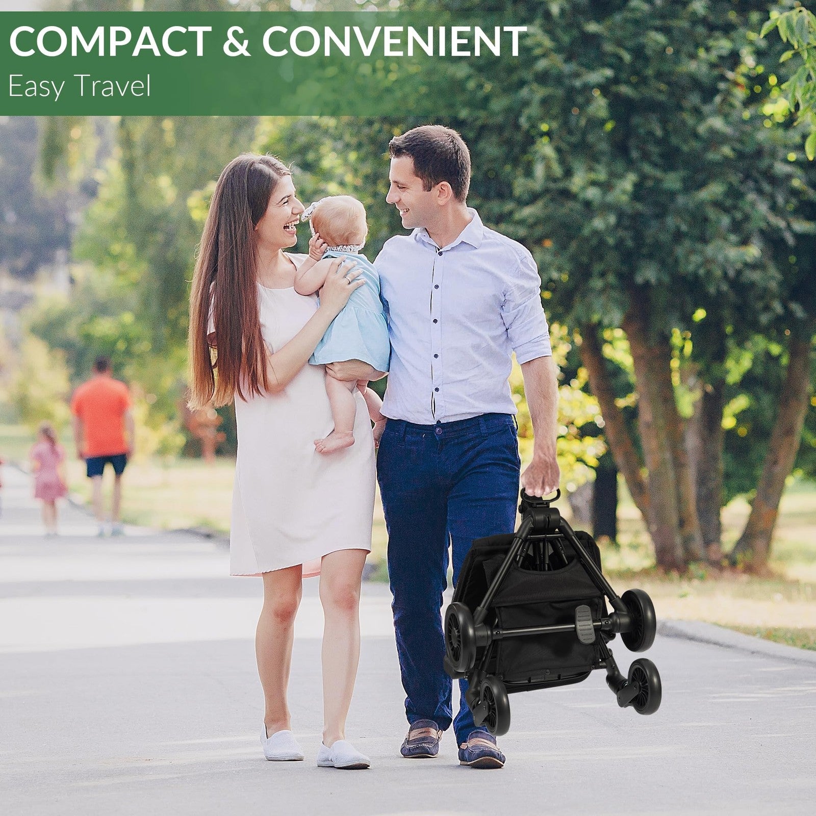 Peekabu lightweight travel stroller for airplane, compact foldable baby stroller weighing 10.5 lbs with a sleek design.