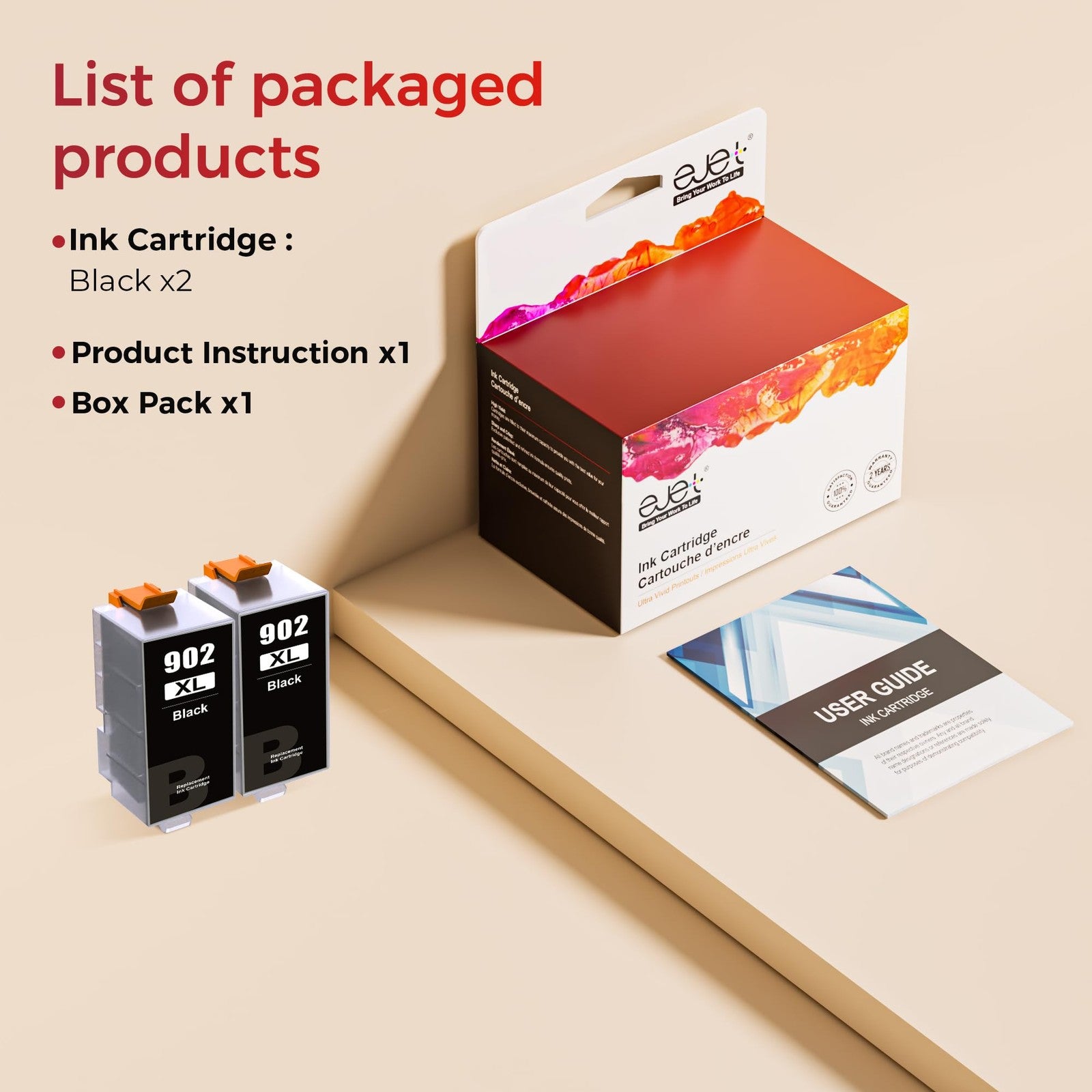 Set of two upgraded HP 902XL ink cartridges for HP printers, featuring black and color ink options in clear packaging