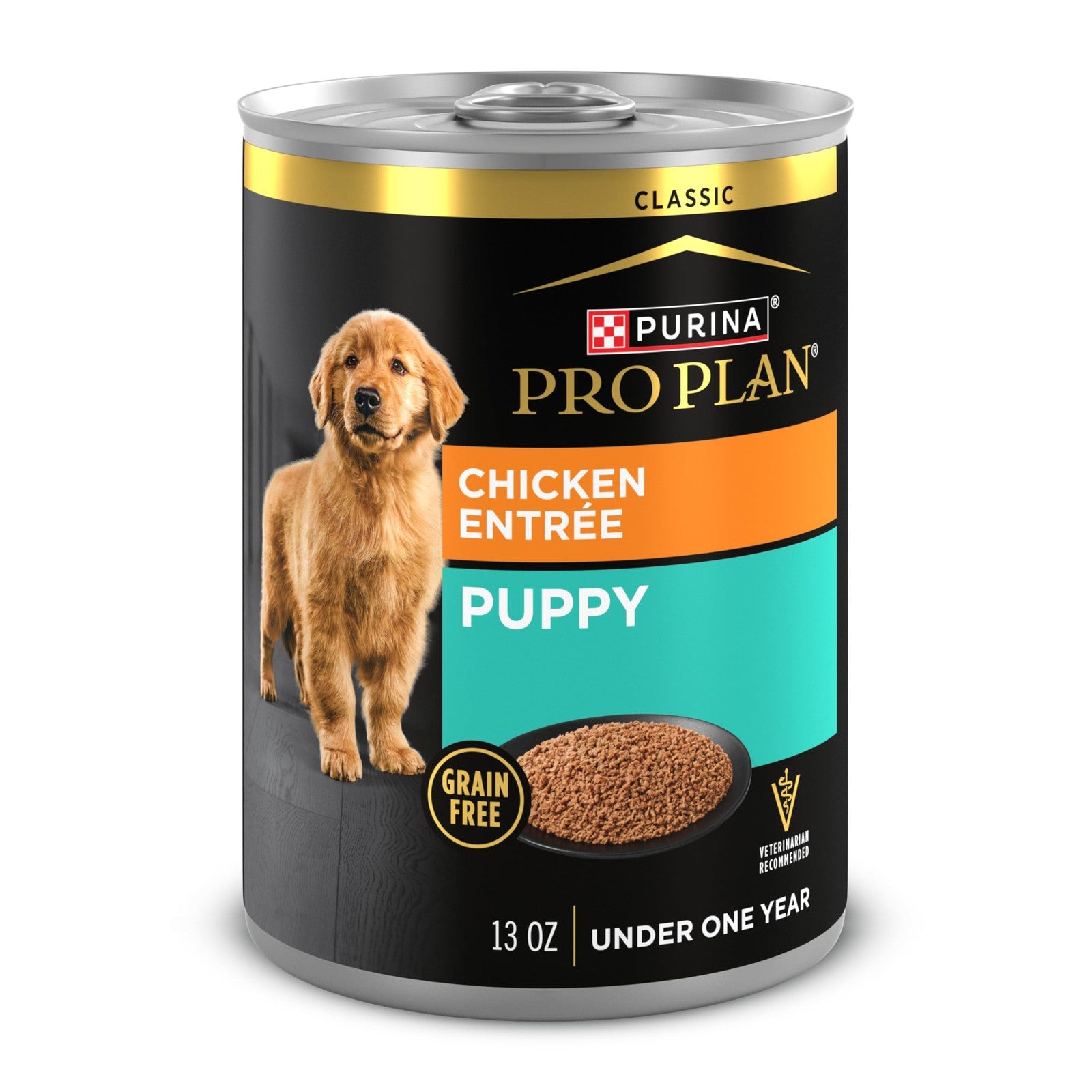 Cans of Purina Pro Plan Grain Free Wet Puppy Food with Classic Chicken Entrée, featuring puppy food packaging with chicken flavor and branding