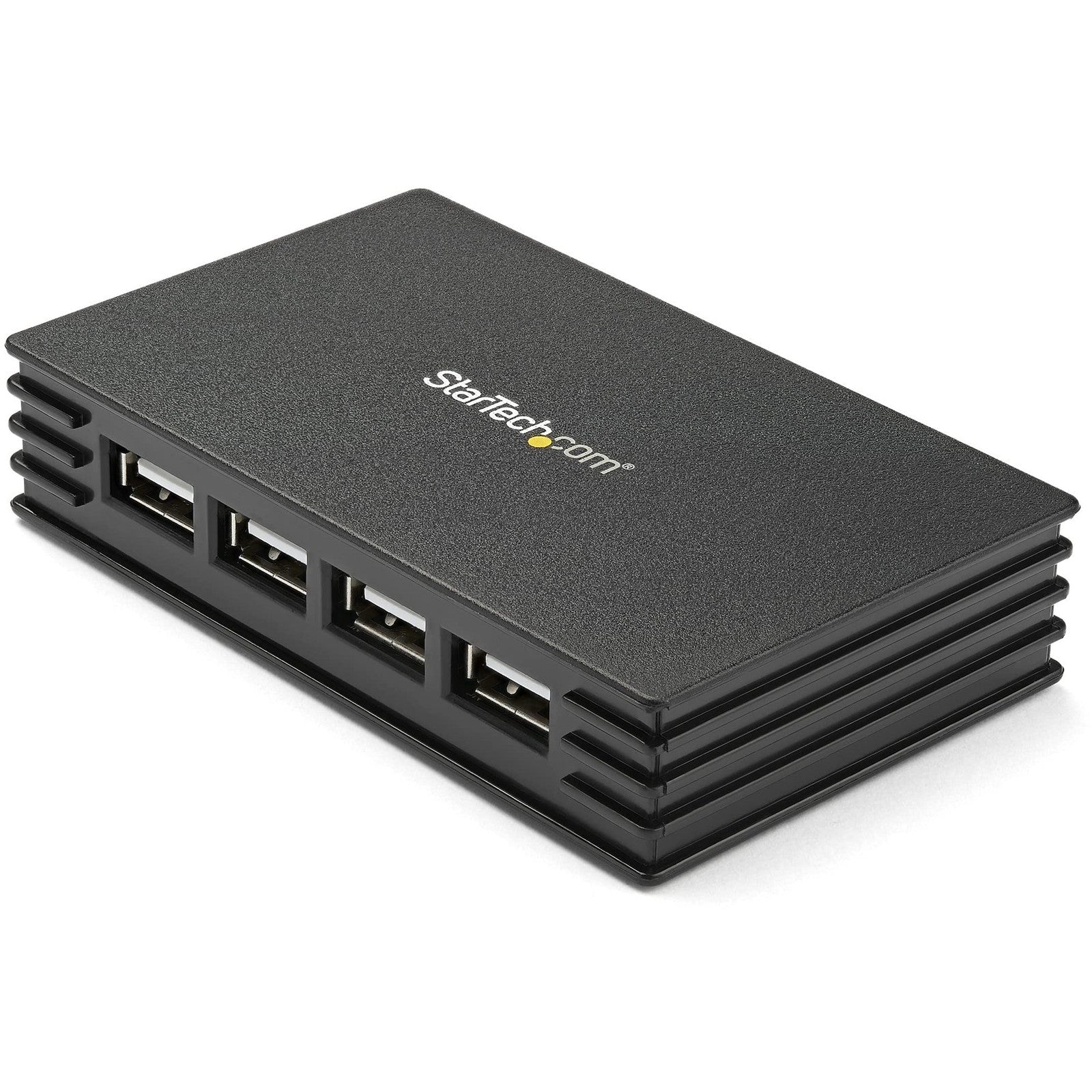 StarTech.com 4-port black USB 2.0 hub showing compact design with four ports, bus-powered option, and included power adapter.