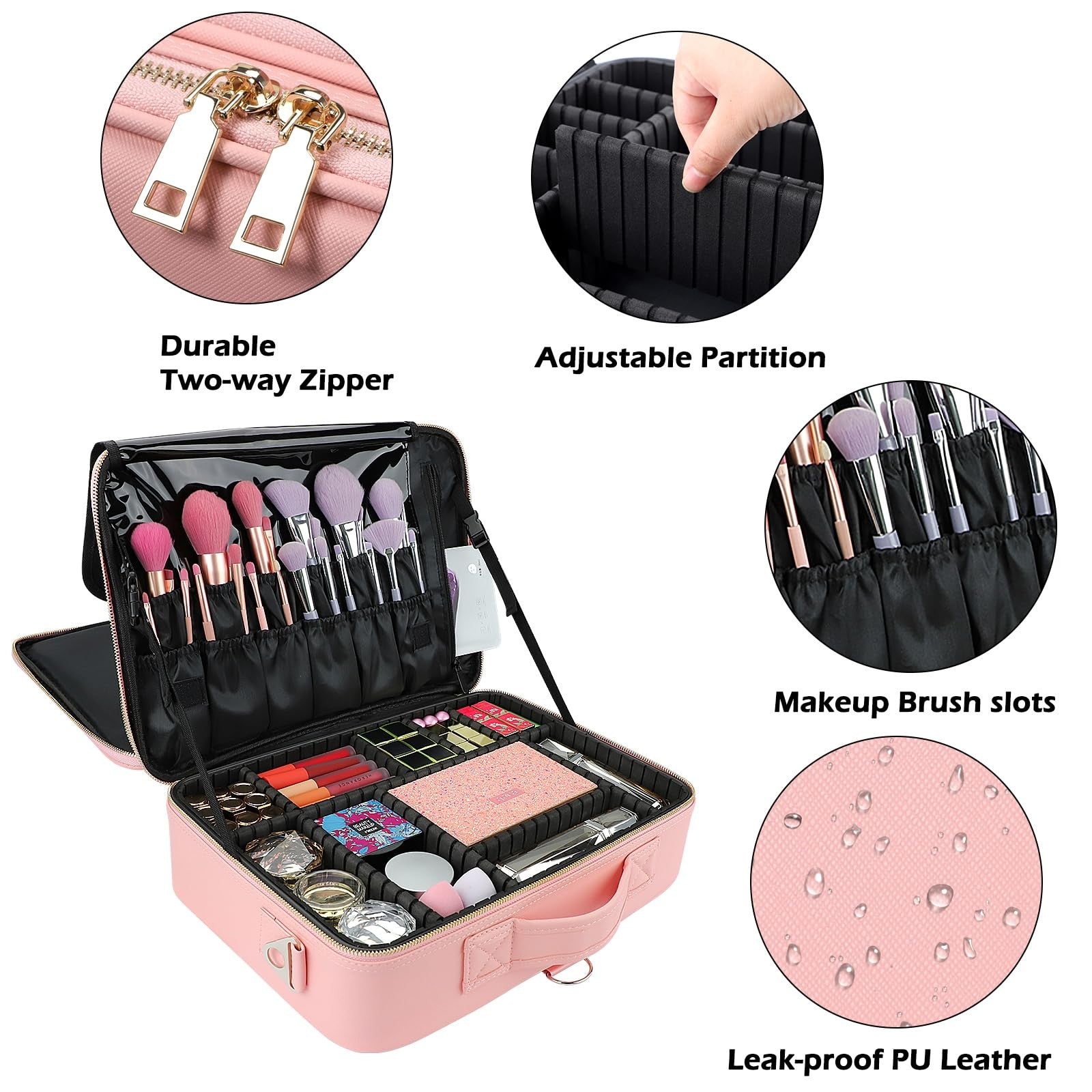 Gzcz large capacity travel makeup case organizer with multiple compartments for cosmetics and beauty accessories.