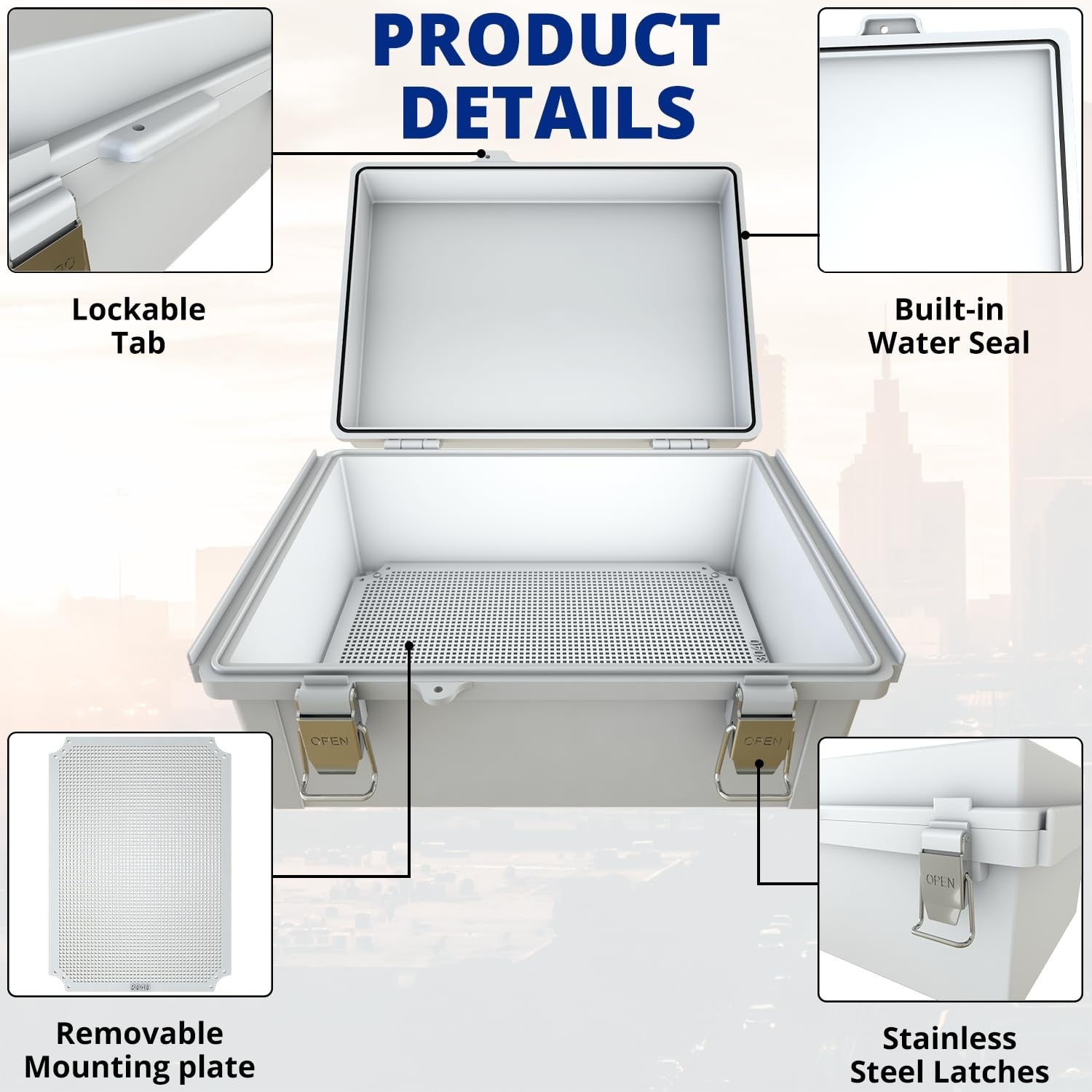 MAKERELE gray plastic waterproof electrical box with hinged cover, outdoor IP67 ABS enclosure for electrical wiring protection.