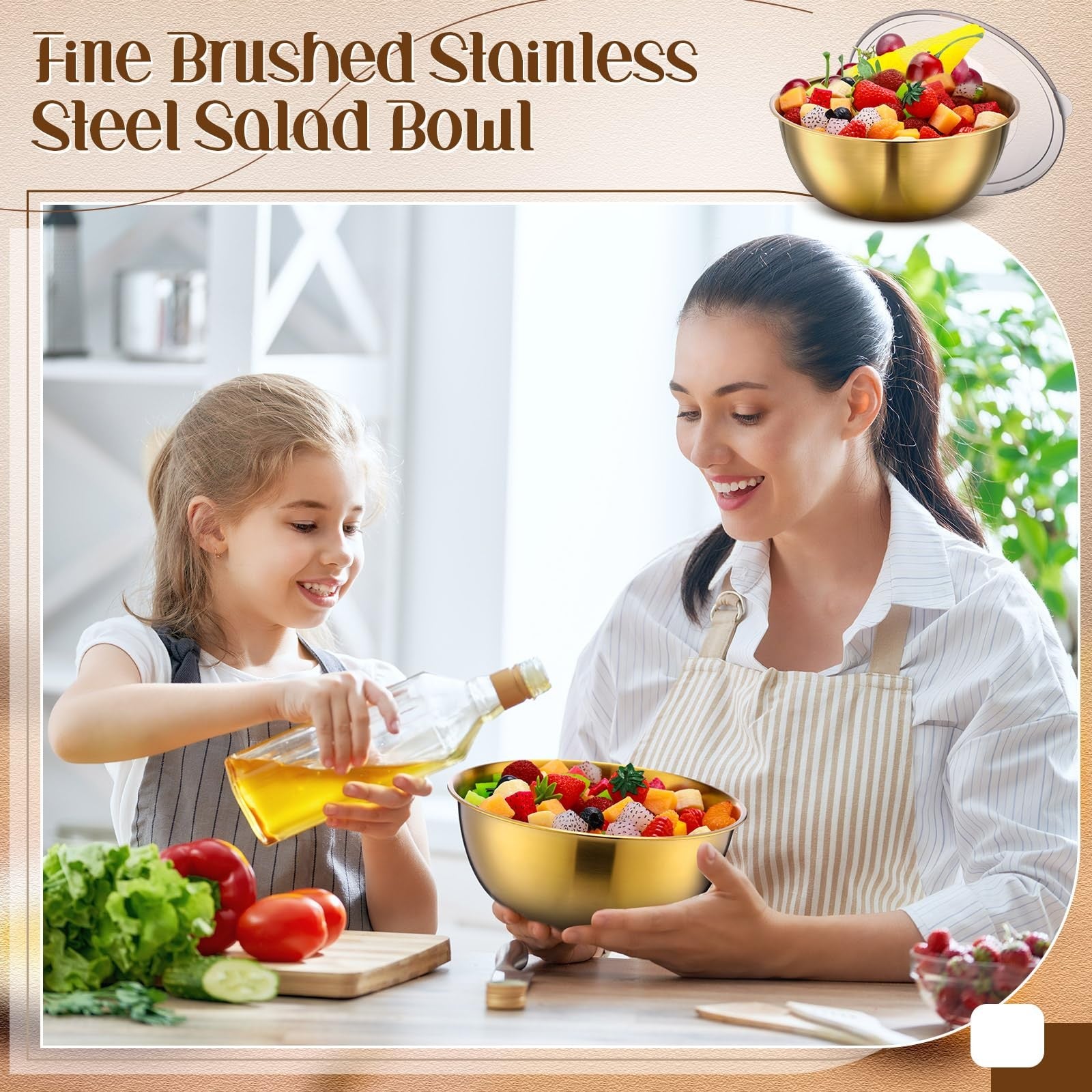 Nuogo 12-pack gold mixing bowls with airtight lids, 8.27 inches, perfect for serving and food prep in a stylish kitchen set.