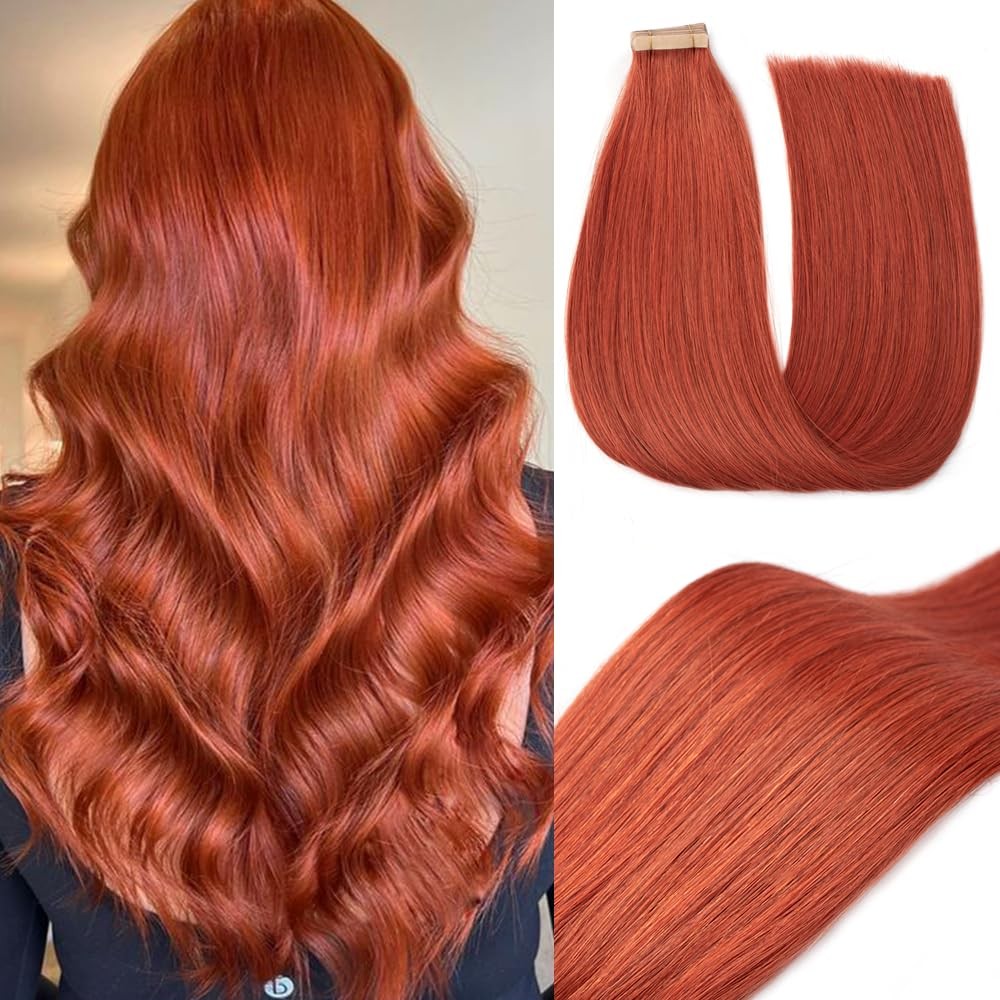 OBHD Remy human hair tape-in extensions, 20pcs 16-inch straight skin weft in color 350#, showing the smooth, straight hair extensions.