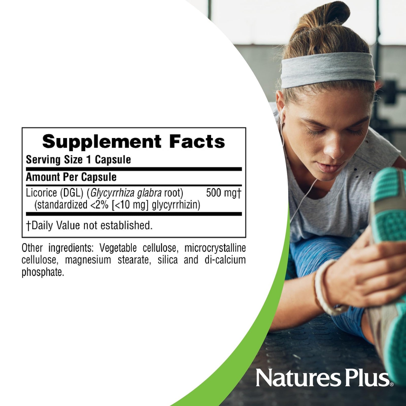 NaturesPlus Herbal Actives Licorice DGL 500 mg capsules, 60-count bottle, showing the supplement capsules in the container.