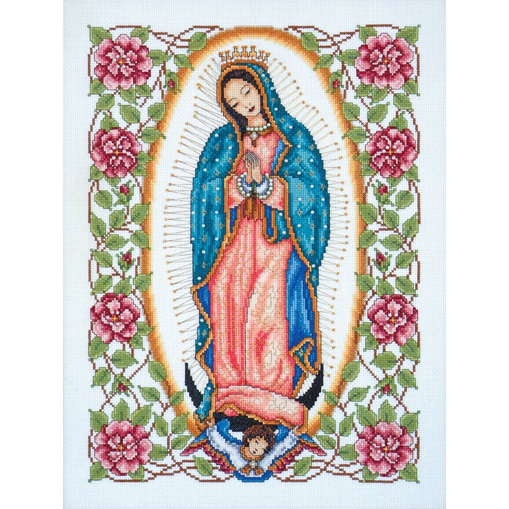 Tobin Caliente Our Lady of Guadalupe counted cross stitch kit featuring a white fabric background with religious imagery.