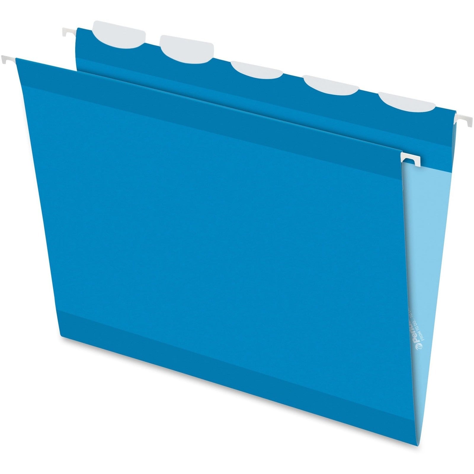 Blue Pendaflex reinforced hanging folders with 5 tabs, letter size, designed for organized filing, shown in a box of 25.