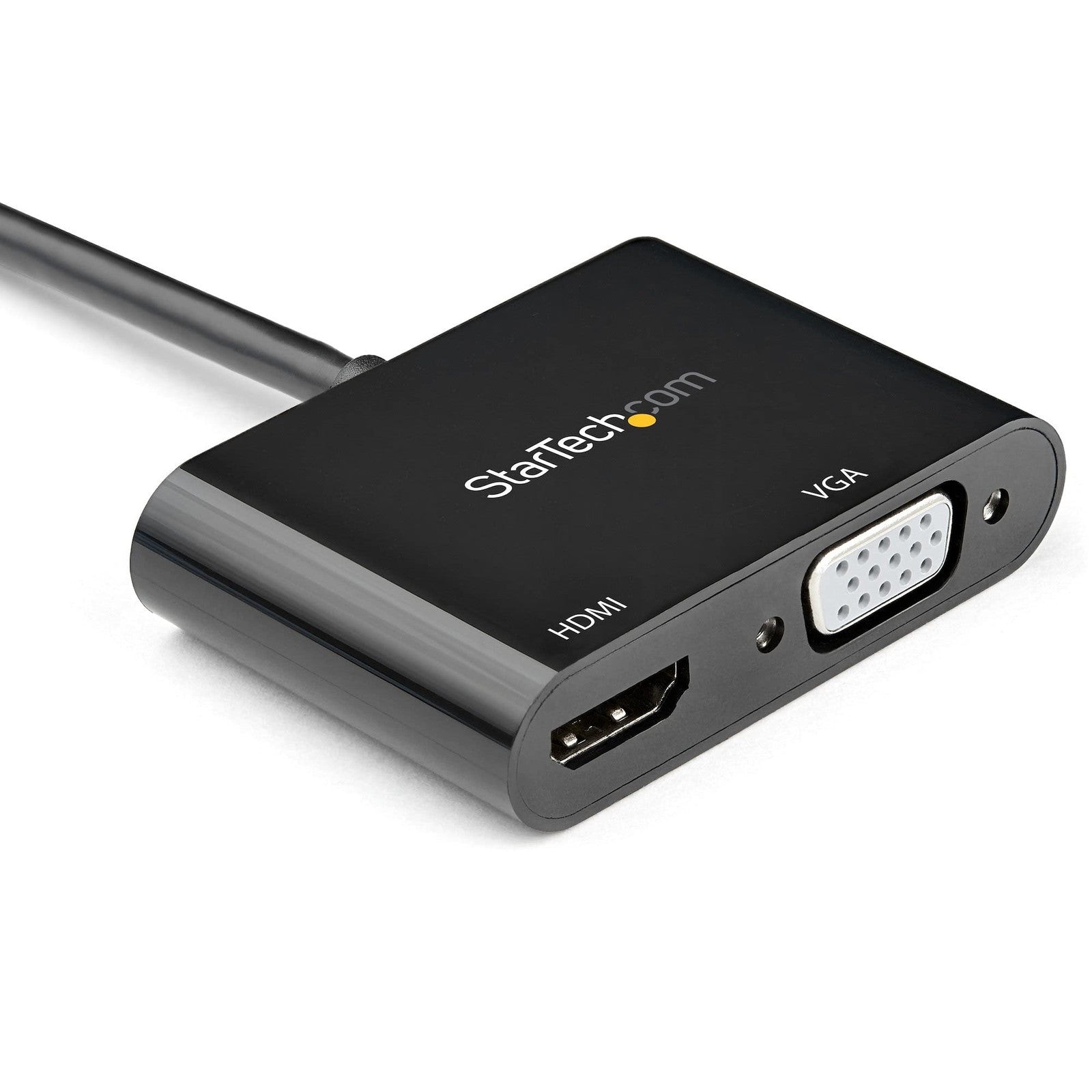StarTech.com DisplayPort to HDMI VGA adapter showing ports and cable connections for 4K 60Hz display support