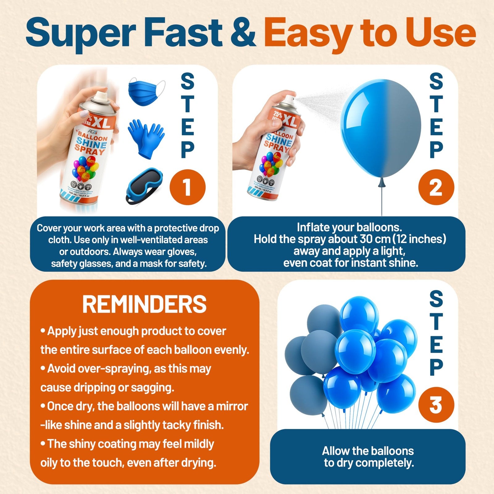 Ag Adhesive Guru Balloon Shine Spray bottle with high gloss finish for latex balloons, 3-pack of 16.9 fl oz bottles.