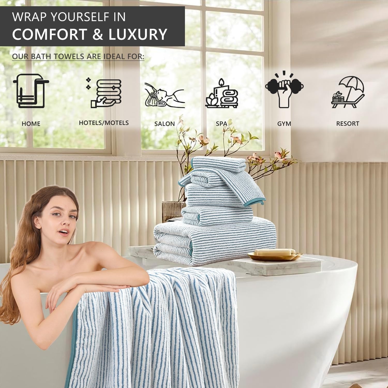 Jessy Home 8-piece premium bathroom towel set with two oversized bath sheets and two hand towels in soft, absorbent fabric.