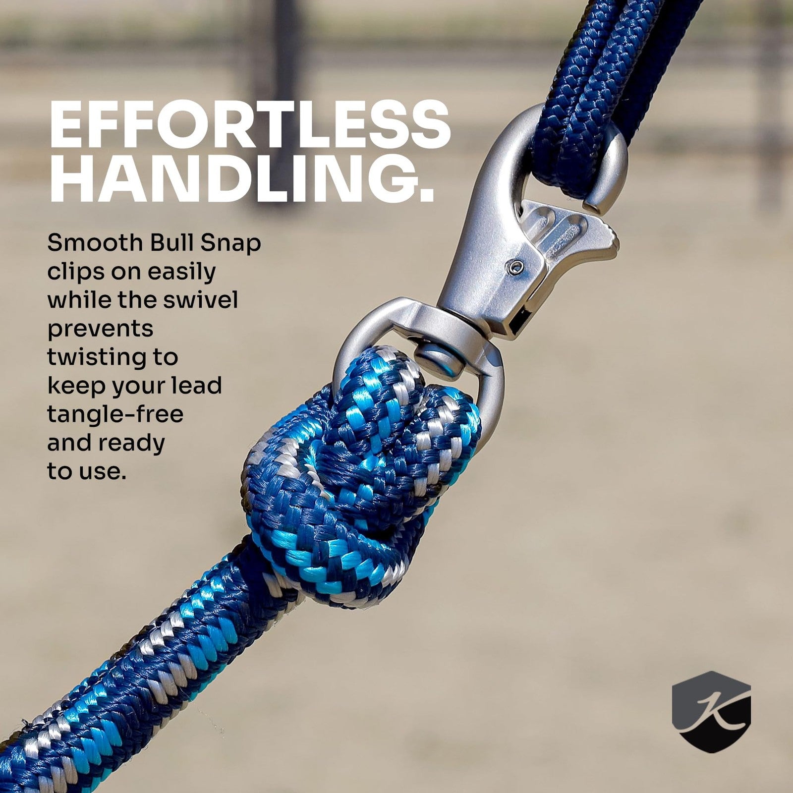 Equine training lead rope from Kensington Protective Products, durable nylon with brass clip for secure handling and control.