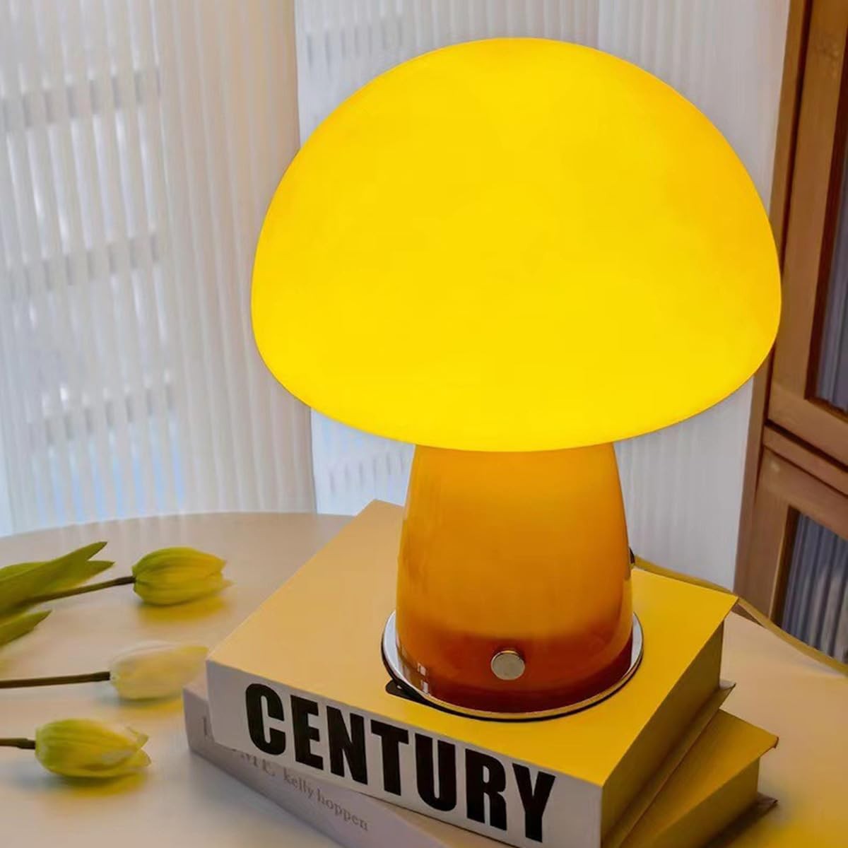 MIXL cute mushroom lamp with glass lampshade, small orange table light emitting warm 3000K glow, decorative home lighting.