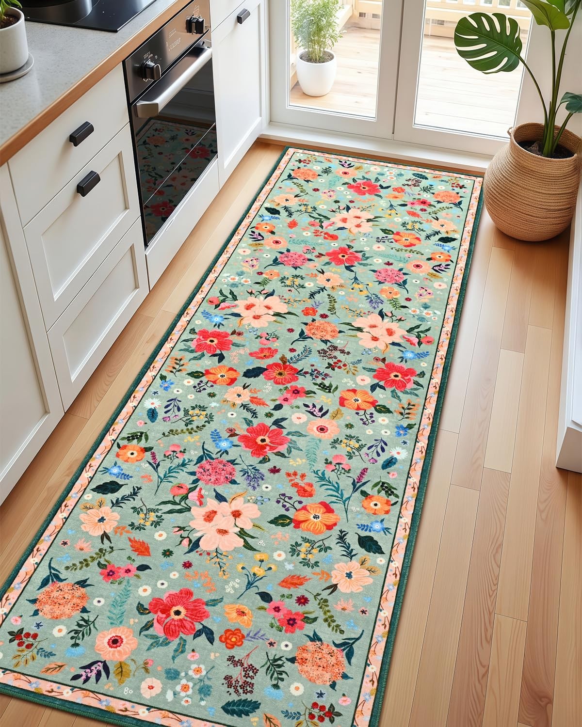 Macgace floral runner rug with 2x6 design, washable, non-slip backing, featuring colorful flower print on a lightweight fabric.