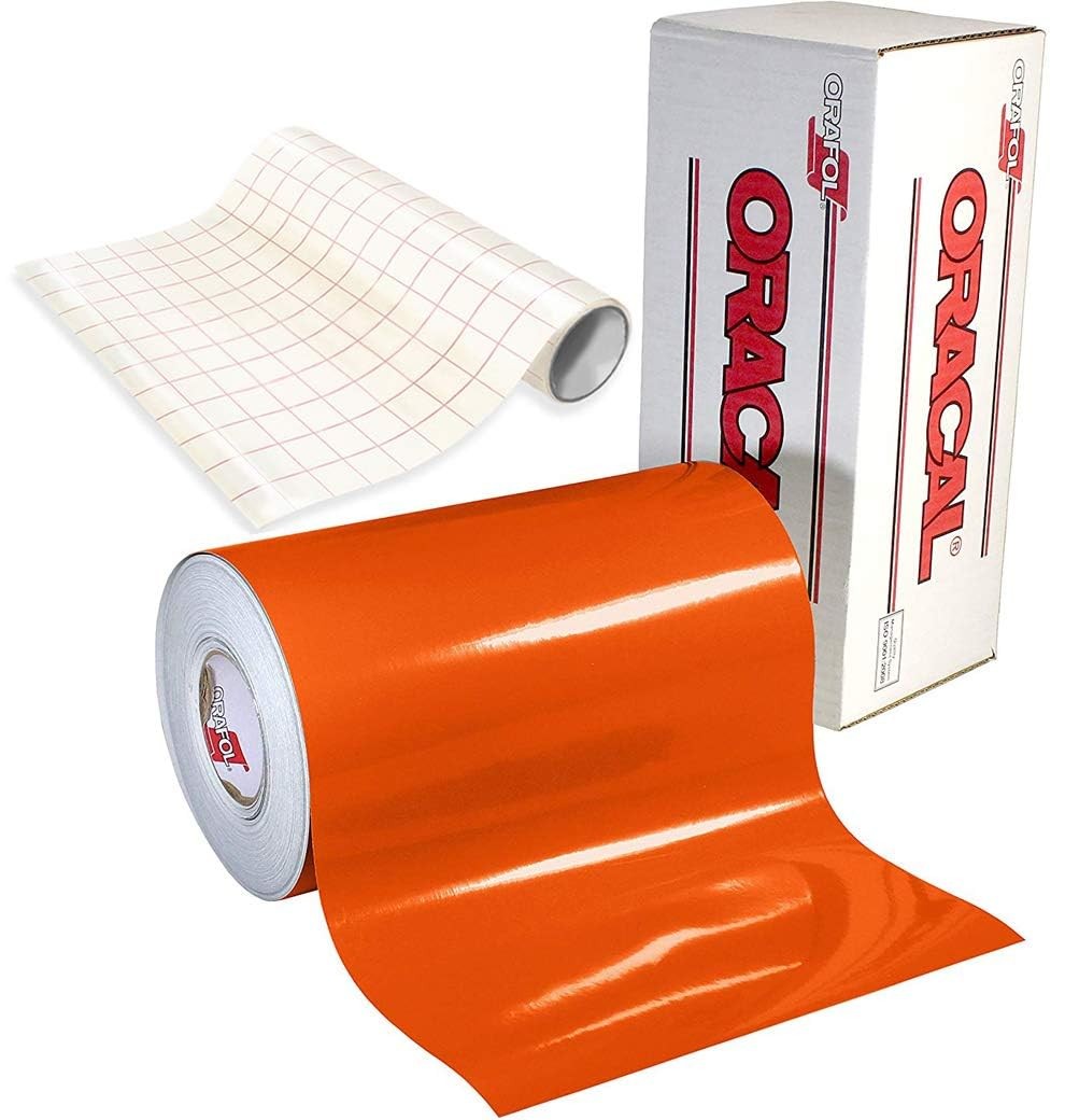 Roll of 12" x 50ft ORACAL 651 glossy orange vinyl for craft cutters and vinyl projects.