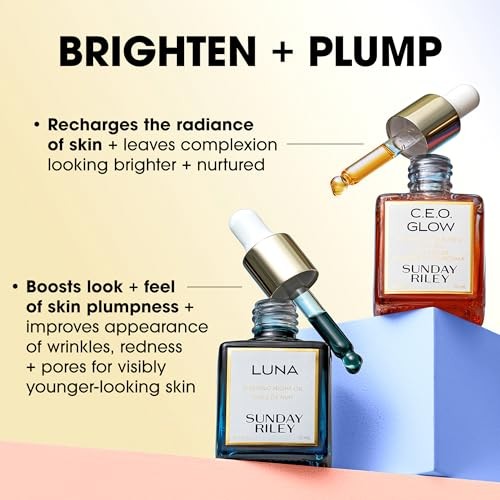 Sunday Riley Vitamin C Retinol Face Oil from the Day + Night Brighten and Plump Set, featuring a sleek bottle with dropper cap.