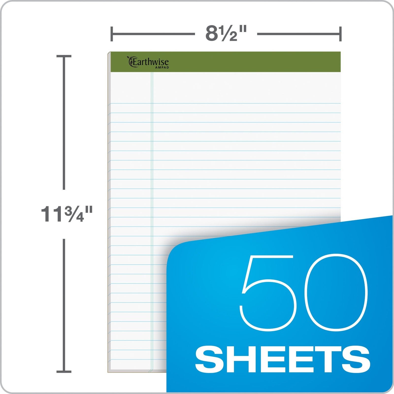Ampad 100% recycled perforated ruled notepad with 50 sheets, white, measuring 8.5x11.75 inches, shown with pages and perforations