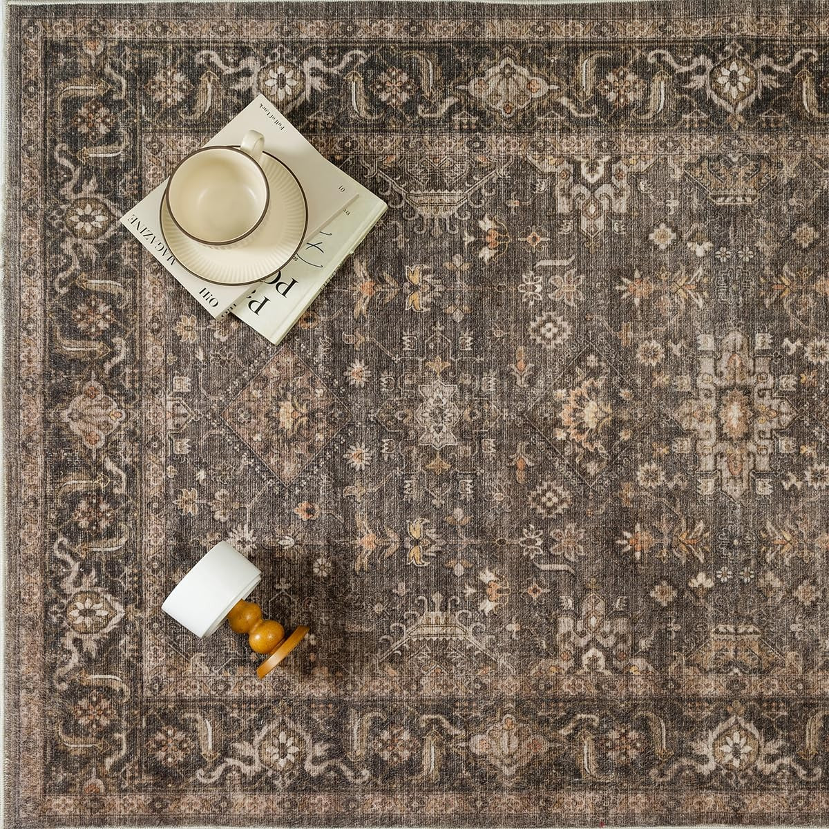 WondRg 4x5 vintage brown washable area rug for living room or bedroom with soft low pile and comfortable texture