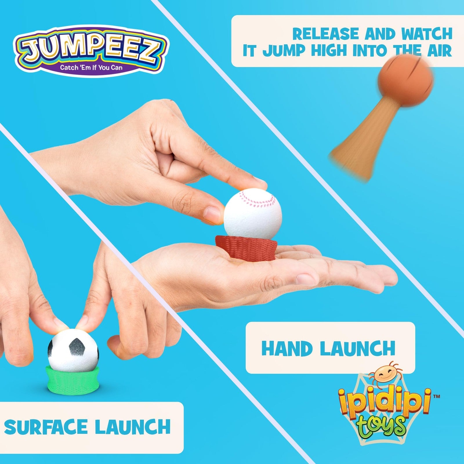IPIDIPI TOYS Jumpeez Sport Ball Rocket Poppers 24-pack with jumping spring launchers, colorful toy sport balls in a display image.