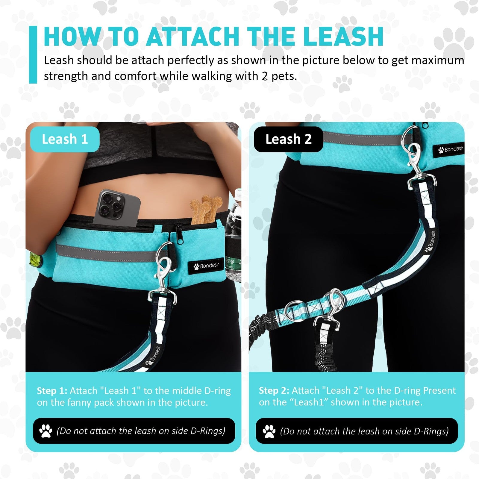 BONDESIR waist leash for double dog walking, shock-absorbing design for small, medium, and large dogs, shown on a person.