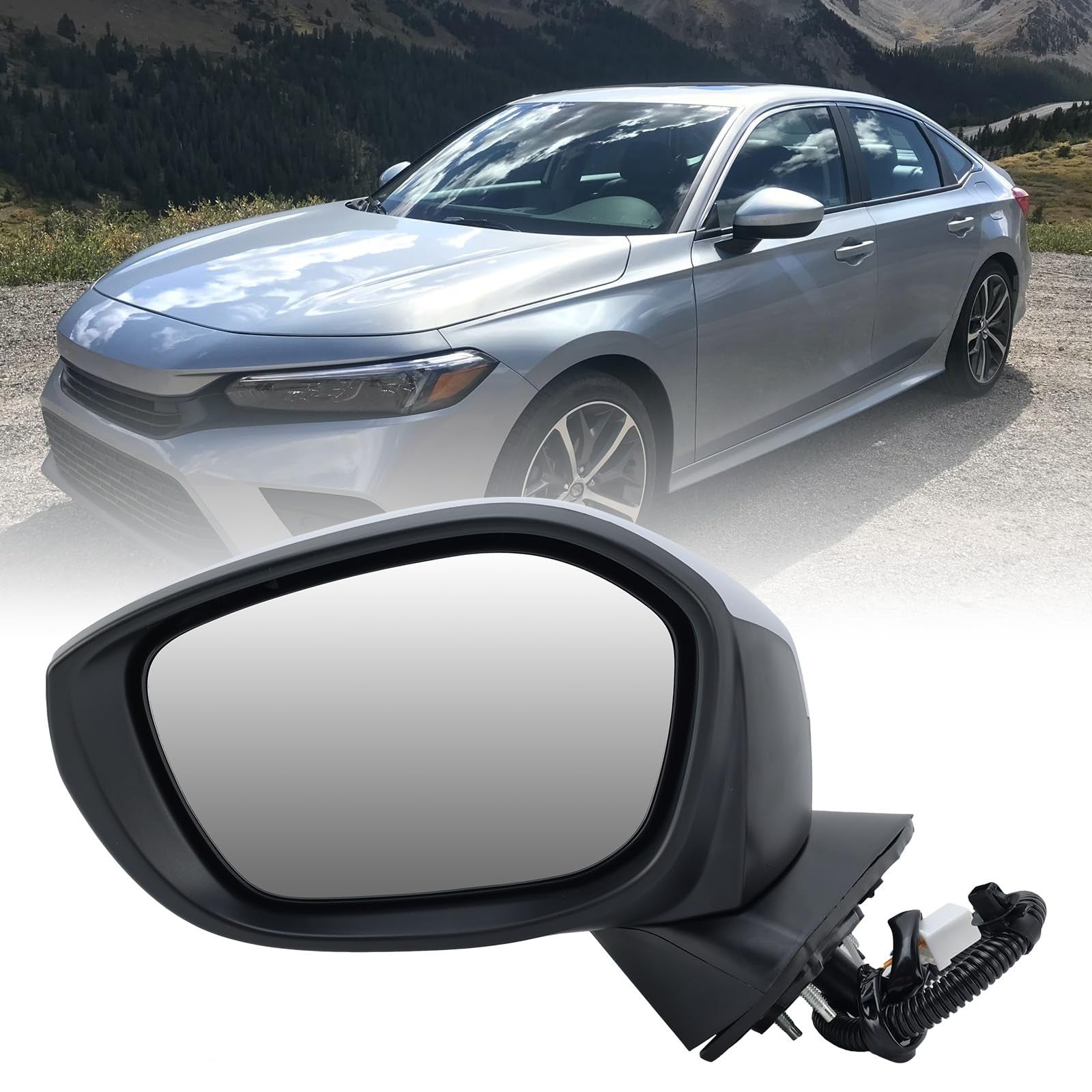 MOFOAP left driver side mirror for 2022-2023 Honda Civic Sedan and Hatchback, showing the mirror assembly and mounting details.