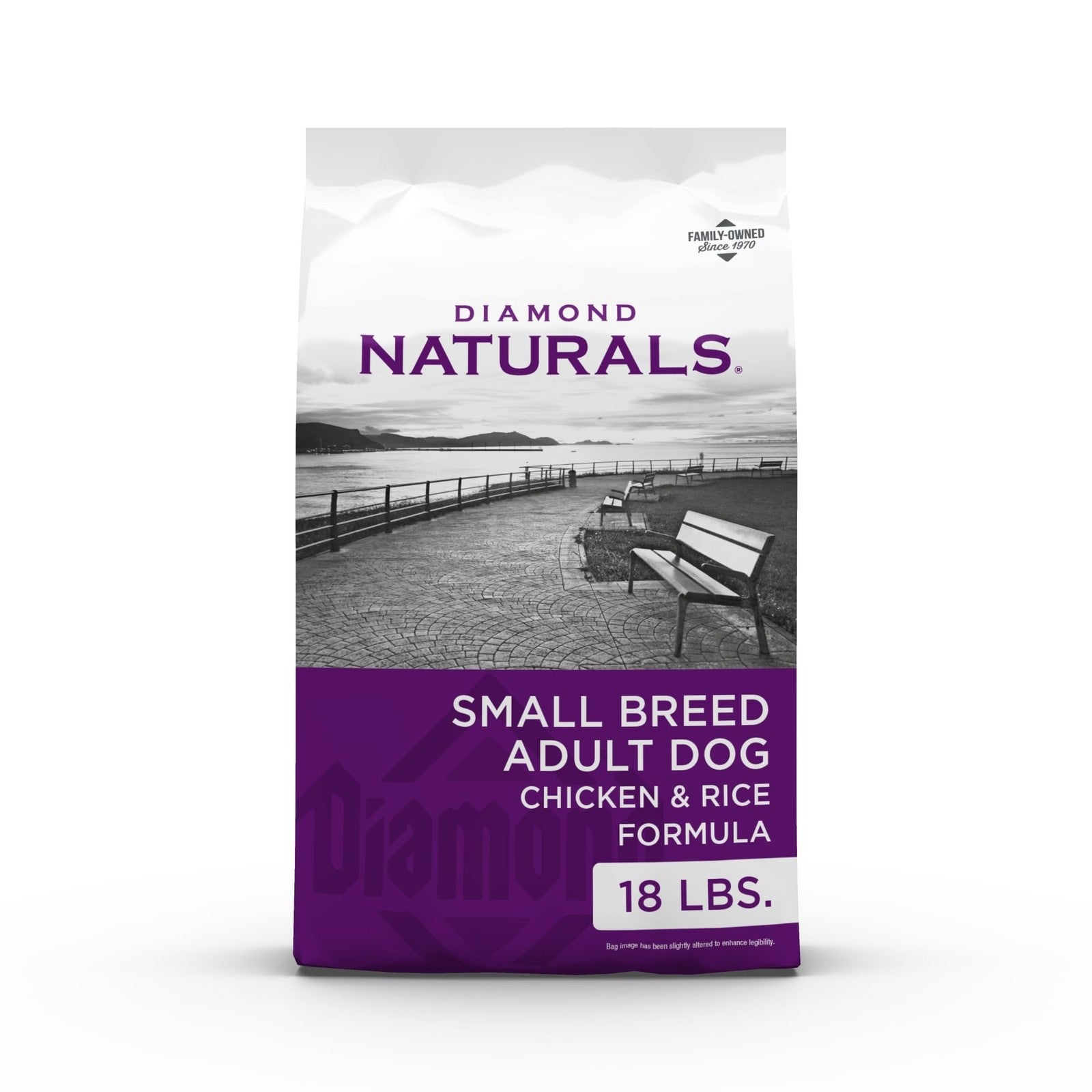 Diamond Naturals small breed dog food bag featuring real chicken and rice, premium dry dog food for small dogs.