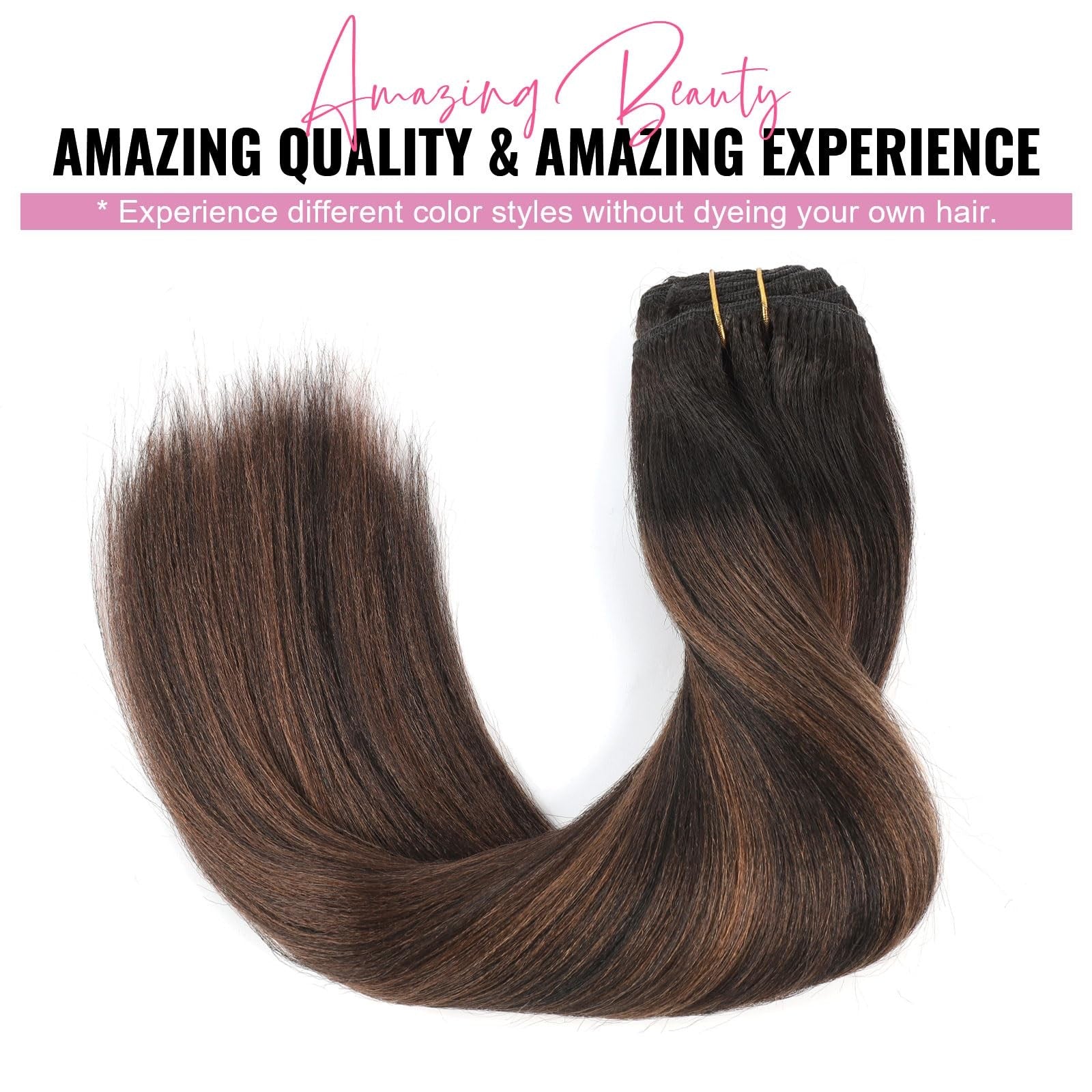 ABH AMAZINGBEAUTY HAIR Yaki Straight clip-in extensions in rooted black with piano natural black color, showing the sleek, straight hair.