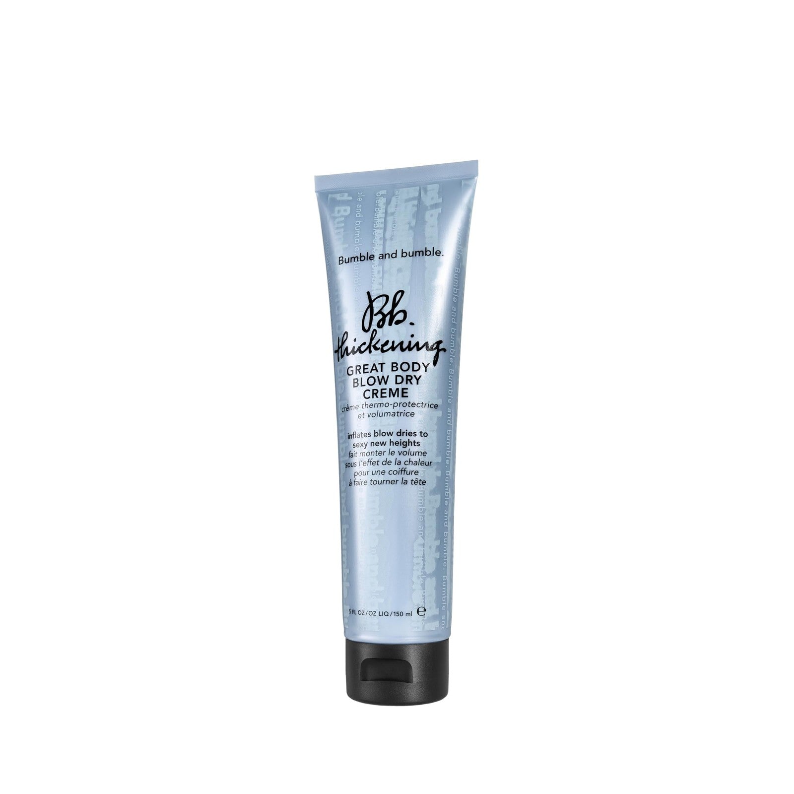 Bumble and bumble Thickening Great Body volumizing blow dry cream with heat protection, showing the product tube on a white background.