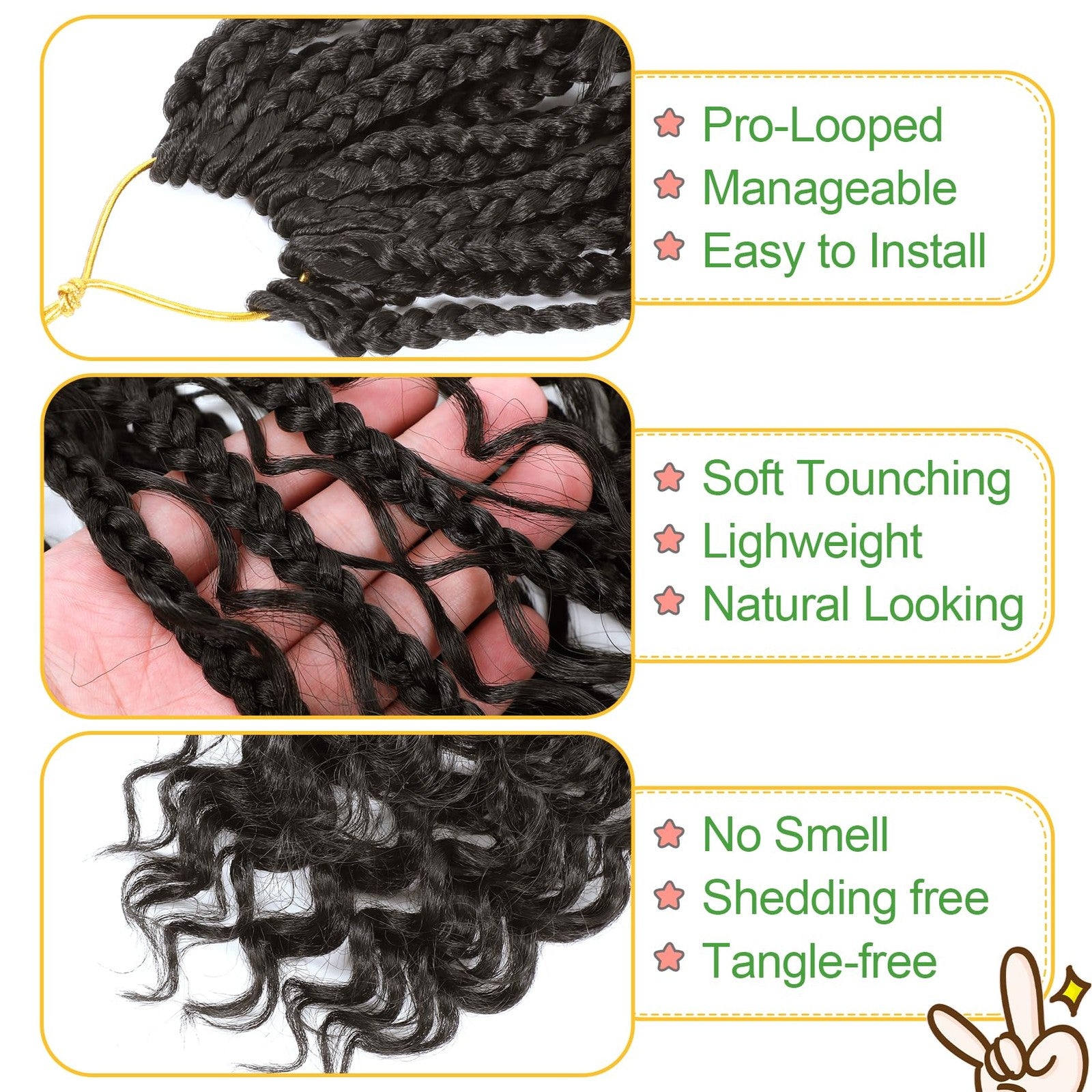 Fulcrum Goddess Box Braids Crochet Hair in 10 inches, 9 packs of boho-style box braid crochet hair with natural texture.