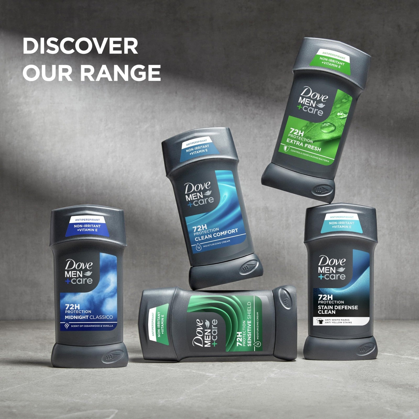Dove Men+Care Antiperspirant Deodorant Stick Clean Comfort pack of 36, 72-hour odor protection for men, displayed in a box.