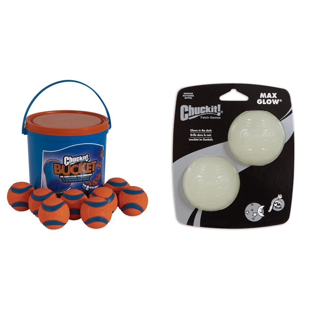 Two packs of Chuckit! Ultra Glow Dog Balls, including a set of 8 and a pack of 2, designed for durable outdoor play.