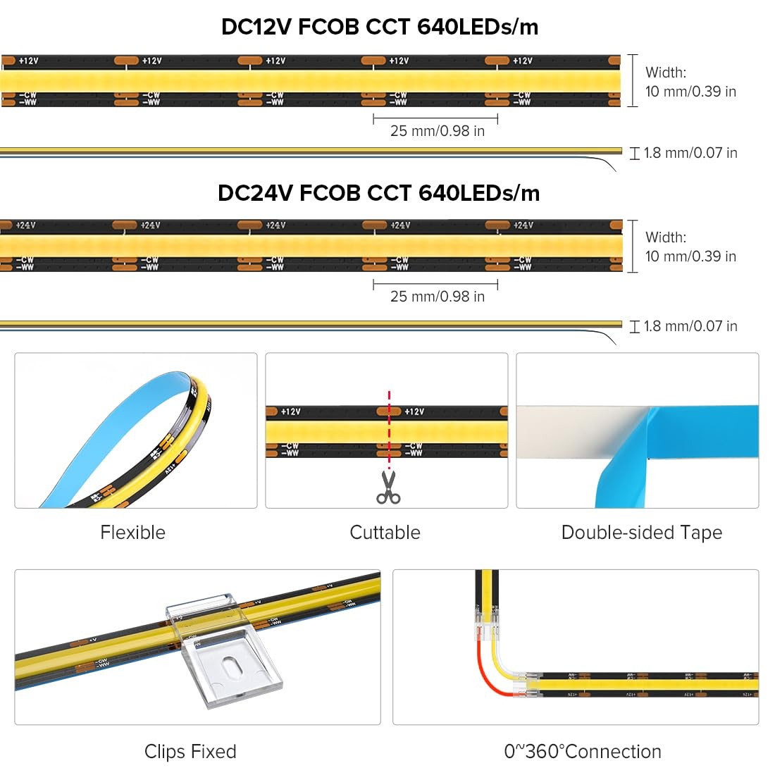 BTF-LIGHTING FCOB CCT COB LED strip light, tunable 2700K-6500K, 12V, 2x16.4ft sections, high-quality LED lighting.