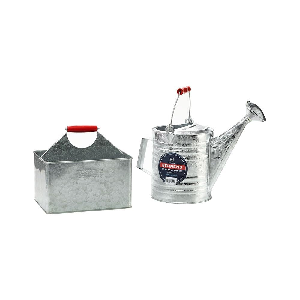 Galvanized rectangular partitioned cleaning caddy with red handle, Behrens brand, for organizing cleaning supplies.