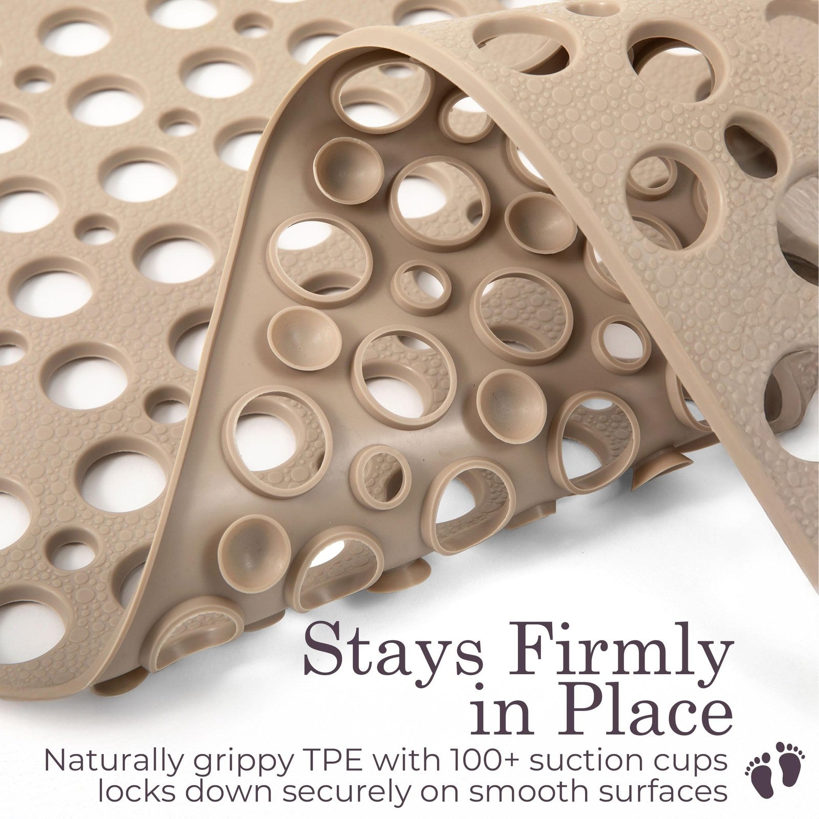 LUMA HOME beige non-slip shower and bathtub mat with strong suction cups, made of TPE for safety and comfort.
