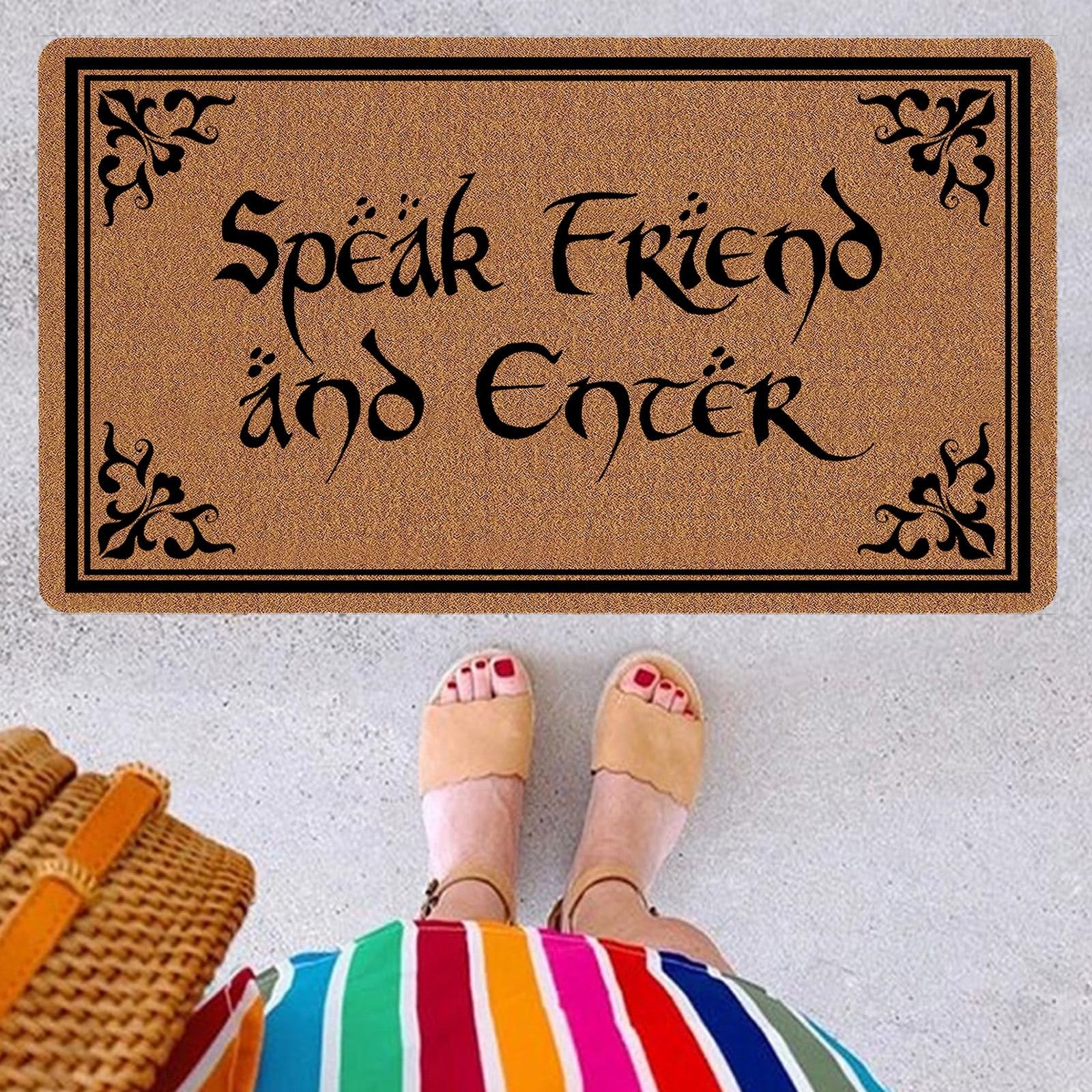 Funny welcome doormat with "Speak Friend and Enter" message, featuring a welcoming design for front doors.