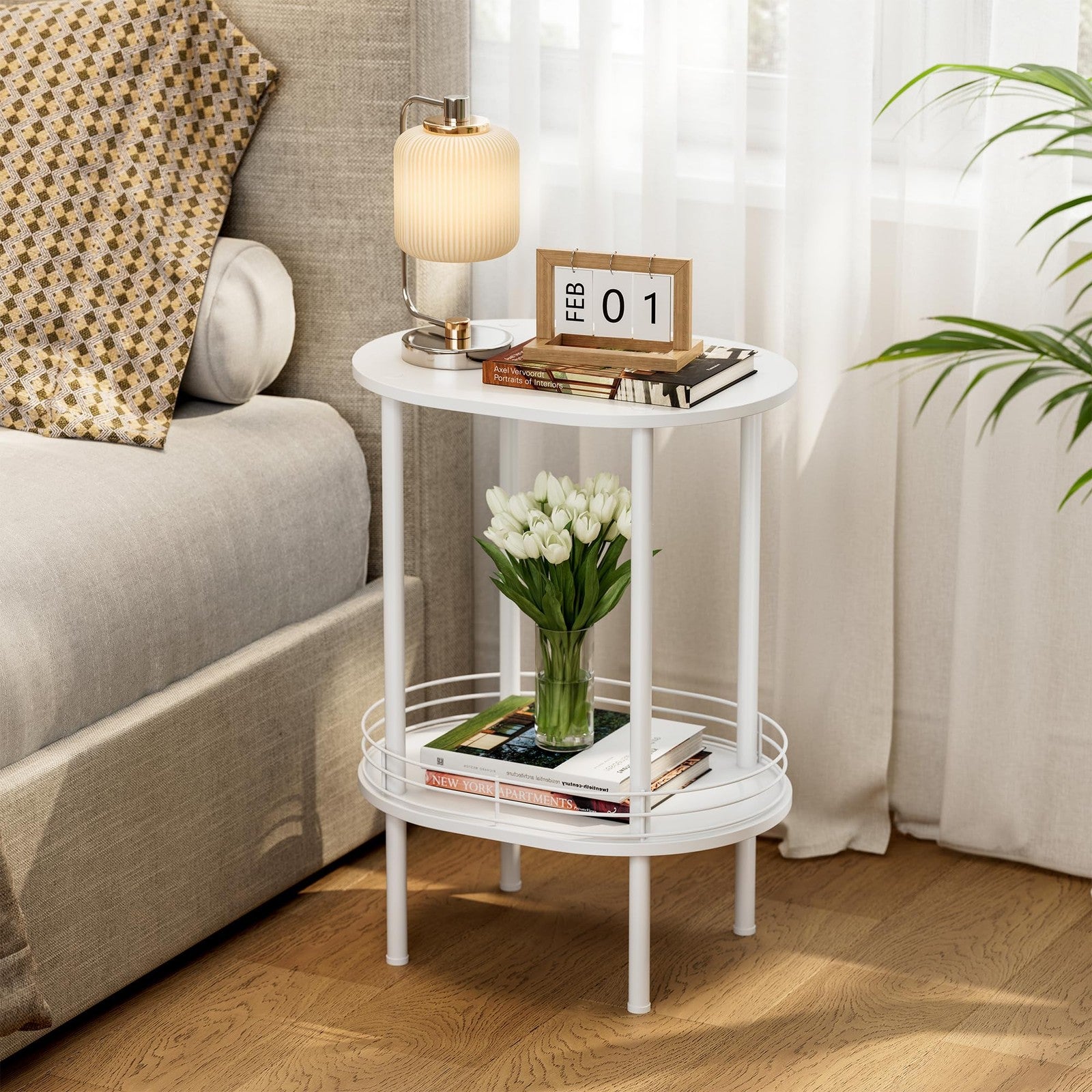 Small modern oval side table with storage, 2-tier design, sturdy construction, ideal for living room decor by DGSANDGO.
