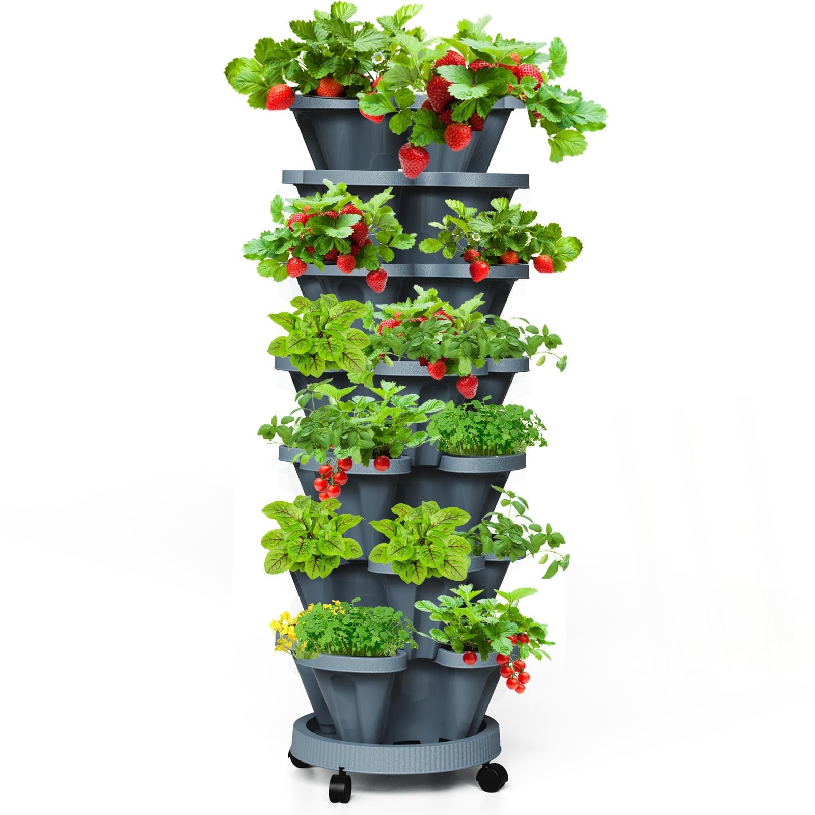 Tectsia Strawberry Vertical Planter Tower Garden with 7 stackable tiers, designed for growing strawberries and small herbs outdoors.