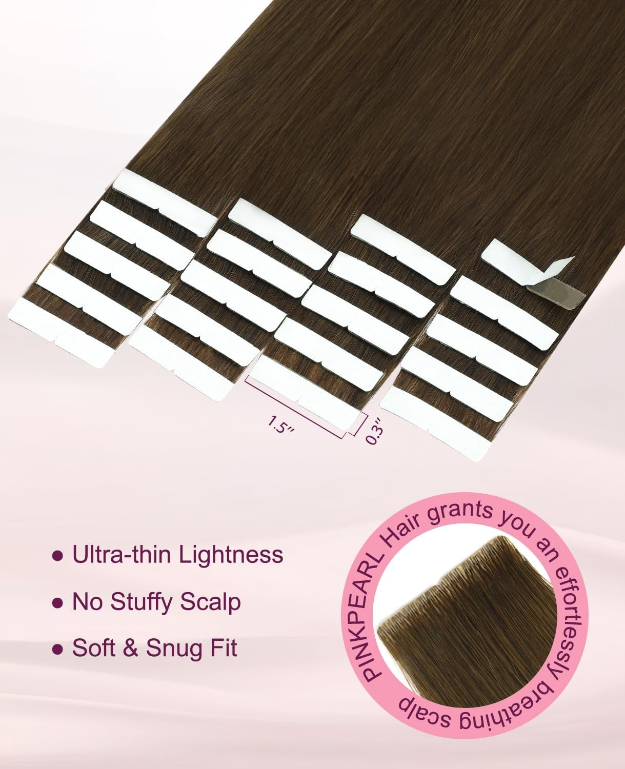 Pinkpearl human hair invisible tape-in hair extensions, 20 pieces, 18 inches long, in a soft pink shade, displayed in a natural setting.