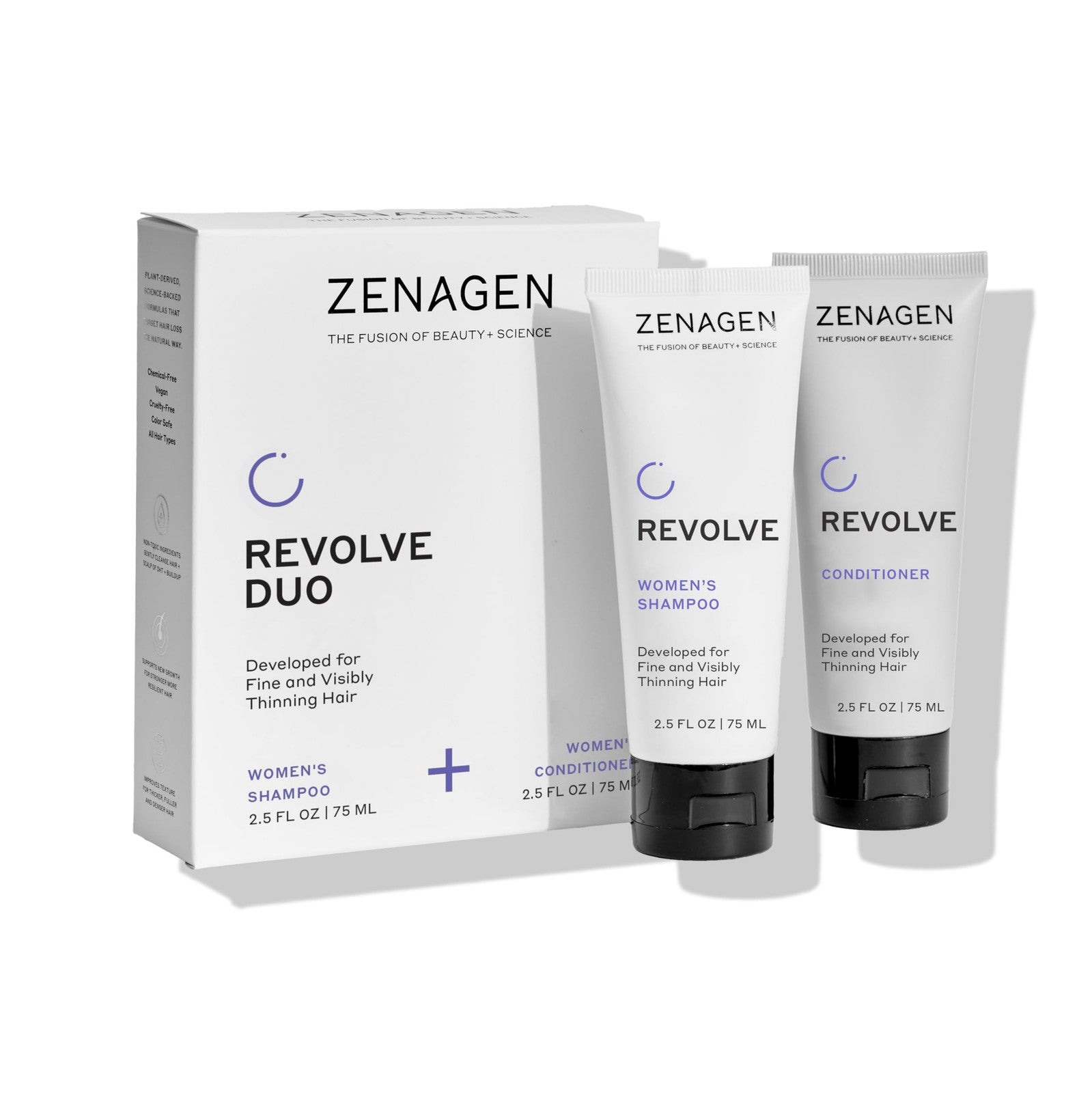 Zenagen Revolve Women's Travel Kit with shampoo and conditioner for fine and visibly thinning hair, displayed in travel-sized bottles.