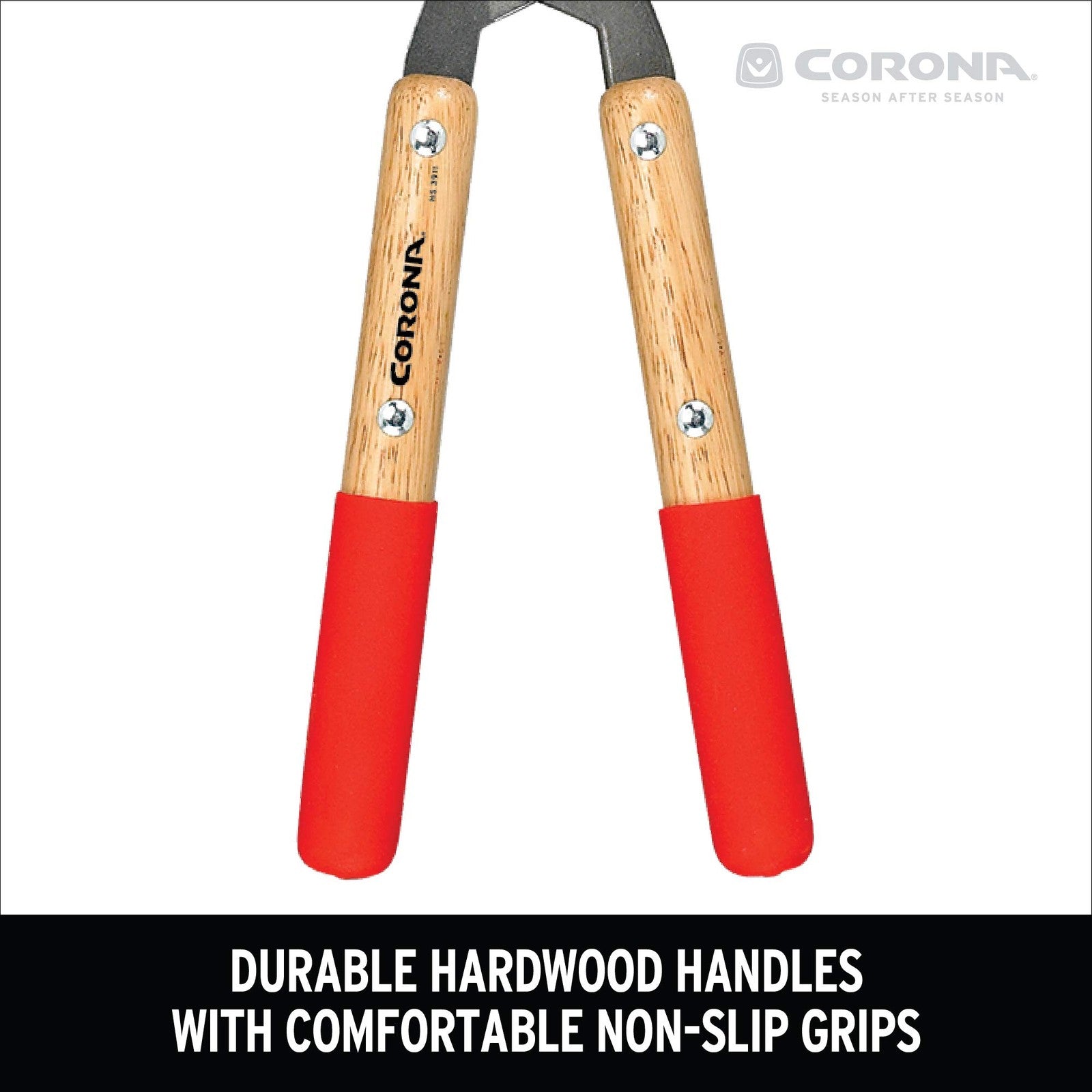 Corona HS 3911 forged hedge shear with 8-1/4-inch blade shown, featuring sharp blades and ergonomic handles for precise trimming.