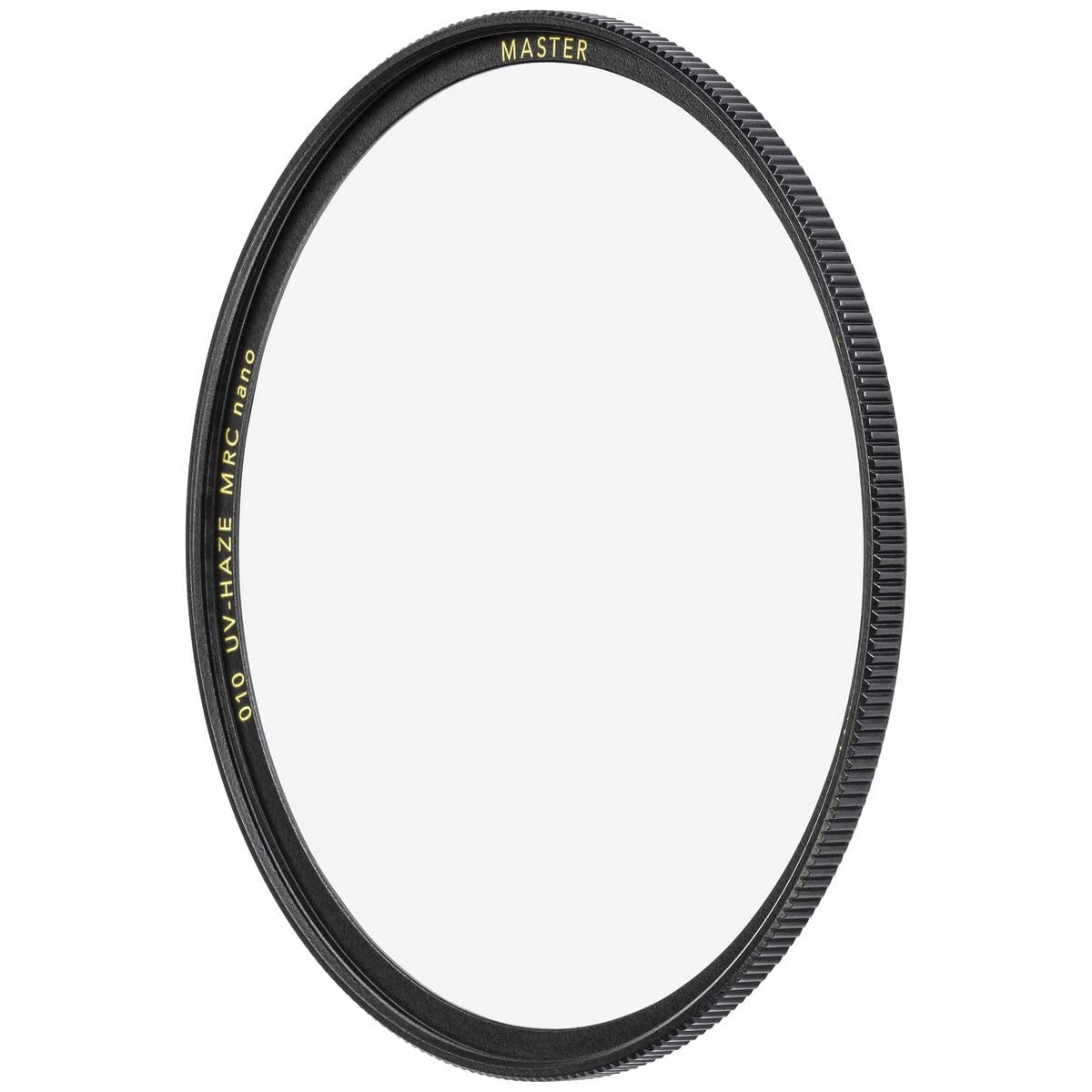 B+W 55mm Master UV Haze MRC Nano filter mounted on a camera lens, showing clear glass and filter frame.
