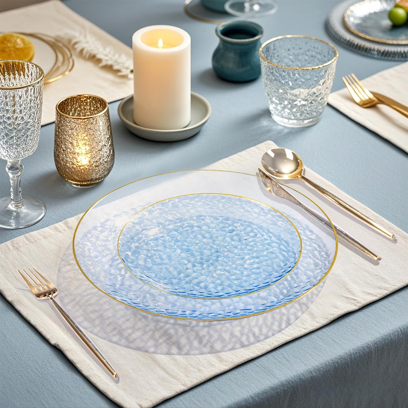 Set of 10 blue plastic plates with gold rim, hammered finish, 10-inch dinner plates for fancy party by Rubtlamp