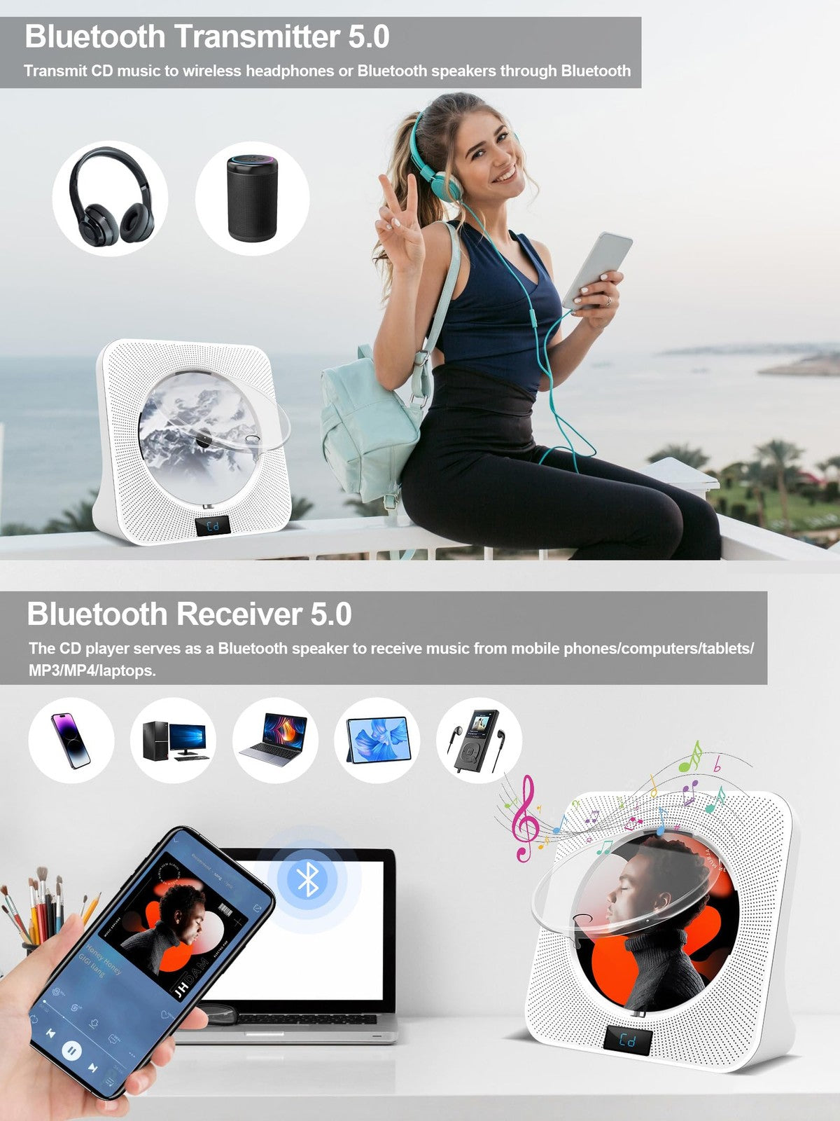 Jimwey portable CD player with Bluetooth, HiFi speakers, FM radio, USB, AUX ports, shown in white color.