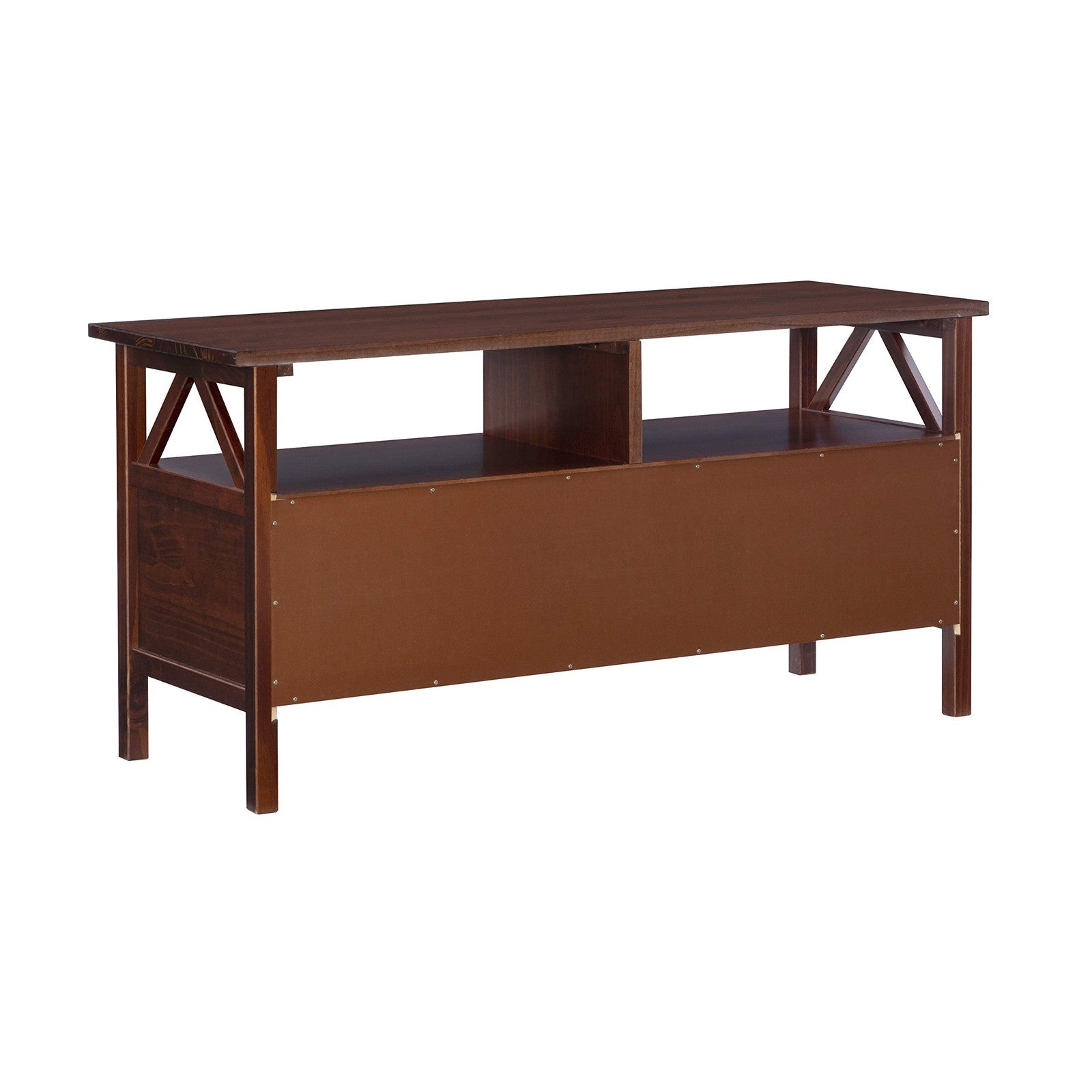 Antique Tobacco Titian TV stand by Linon Home Decor with wood finish, featuring storage cabinets and a classic design.