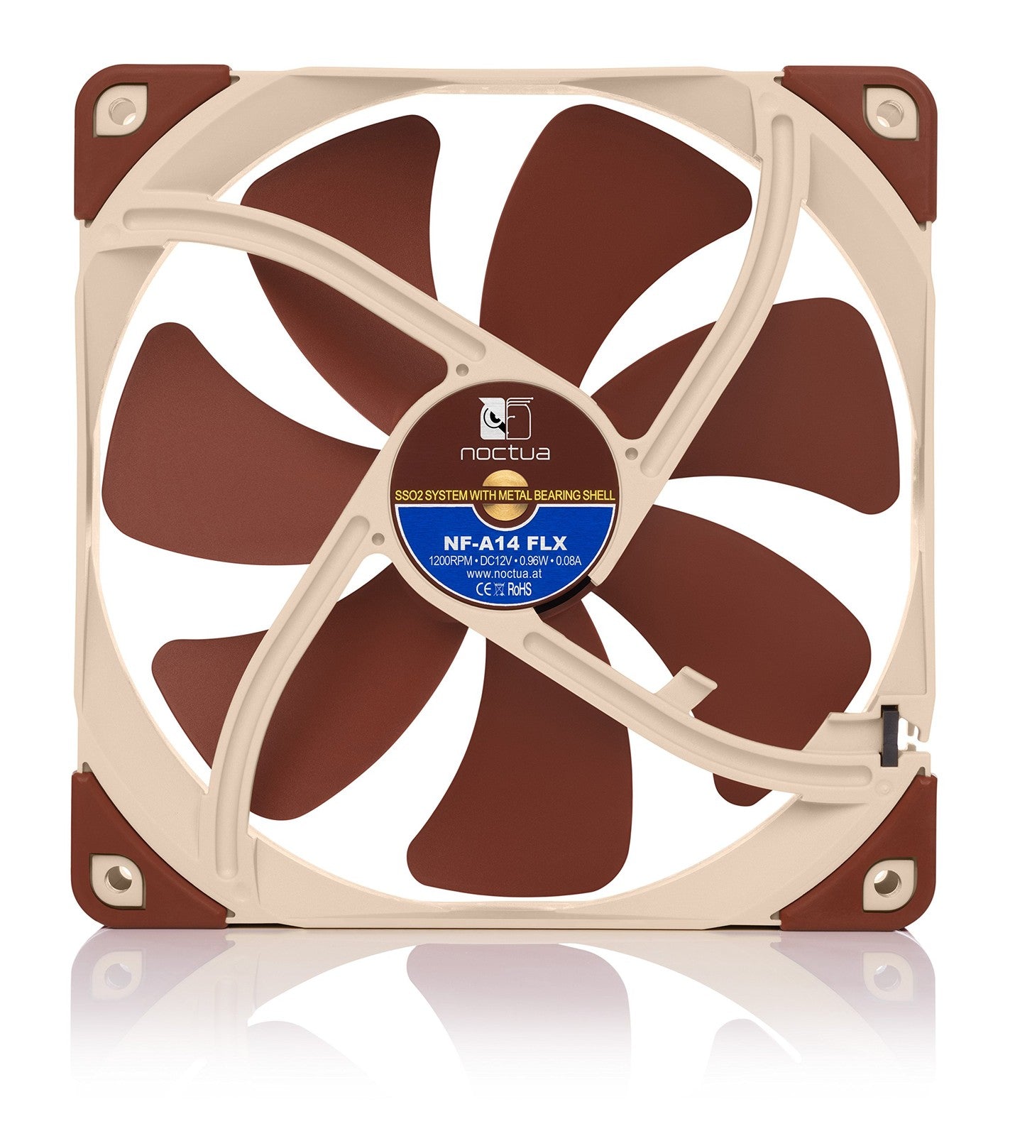 Noctua NF-A14 FLX 140mm silent case fan with 3-pin connector and SSO2 bearing for radiator or PC case cooling.