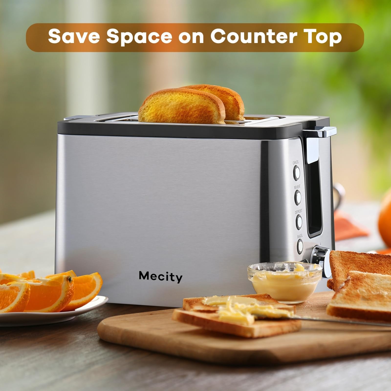 Mecity 2-slice stainless steel toaster with timer, bagel, defrost, reheat, and cancel functions on a kitchen countertop.